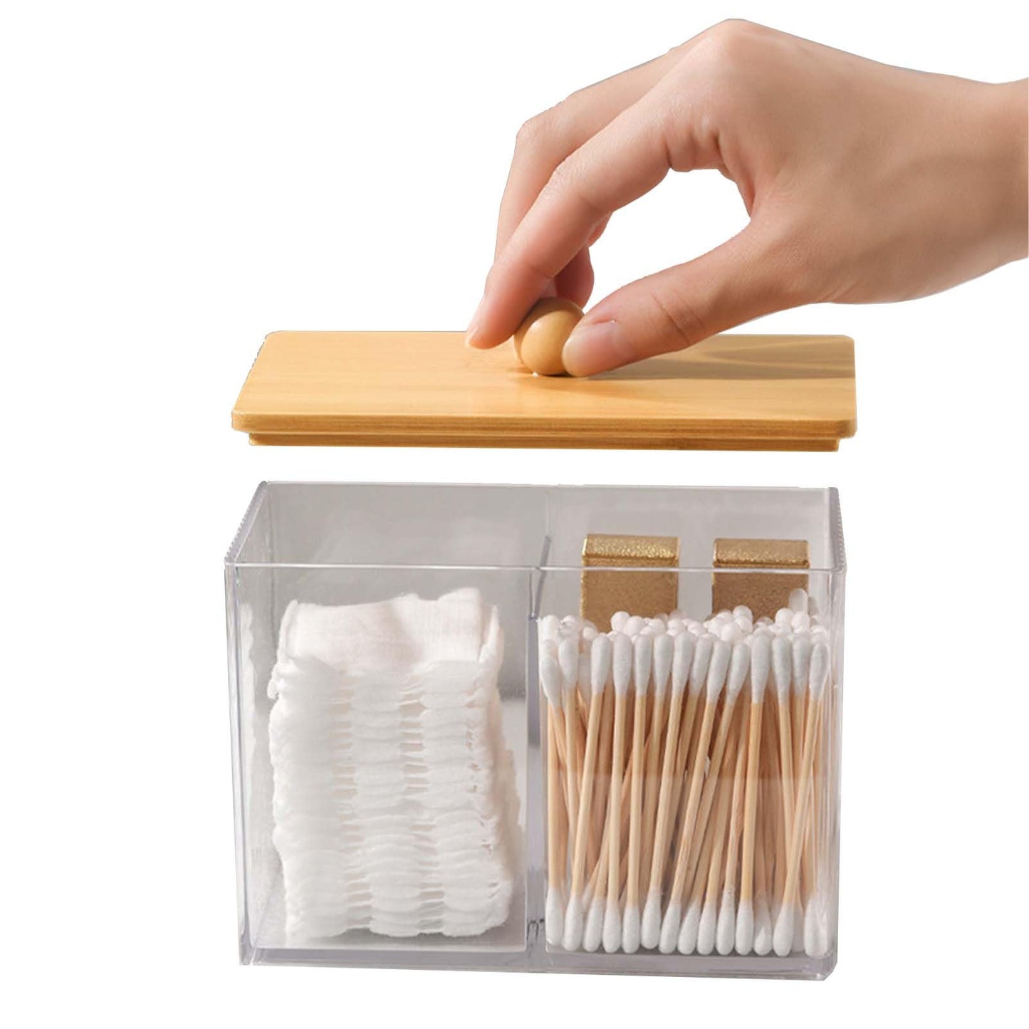 SVOCK Clear Acrylic Cotton Wool Holder 3 Compartment Cotton Bud Holder with Wood Lid, Qtips Holder Dispenser Bathroom Jars with Lid