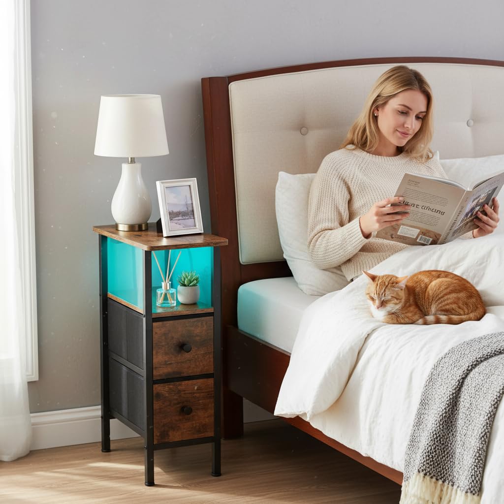 LOAKEKEL Narrow Bedside Table Set of 2, Slim Side Table for Bedroom