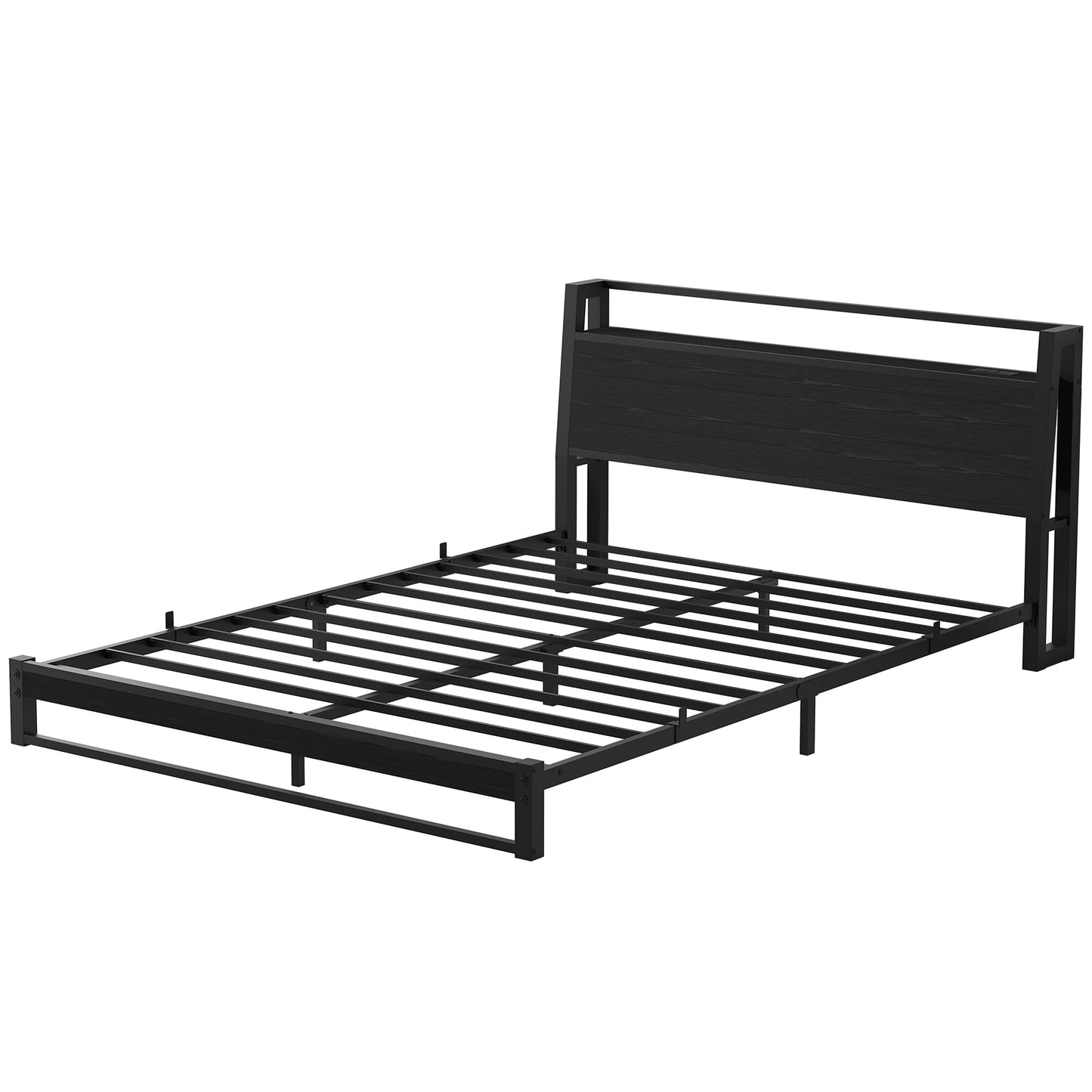 MUZERUL King Size Bed Frame with Ergonomic Storage Headboard and LED,Metal Platform Low Bed Frame King Size 5ft,Kingsize Floor Bed Base with Charging