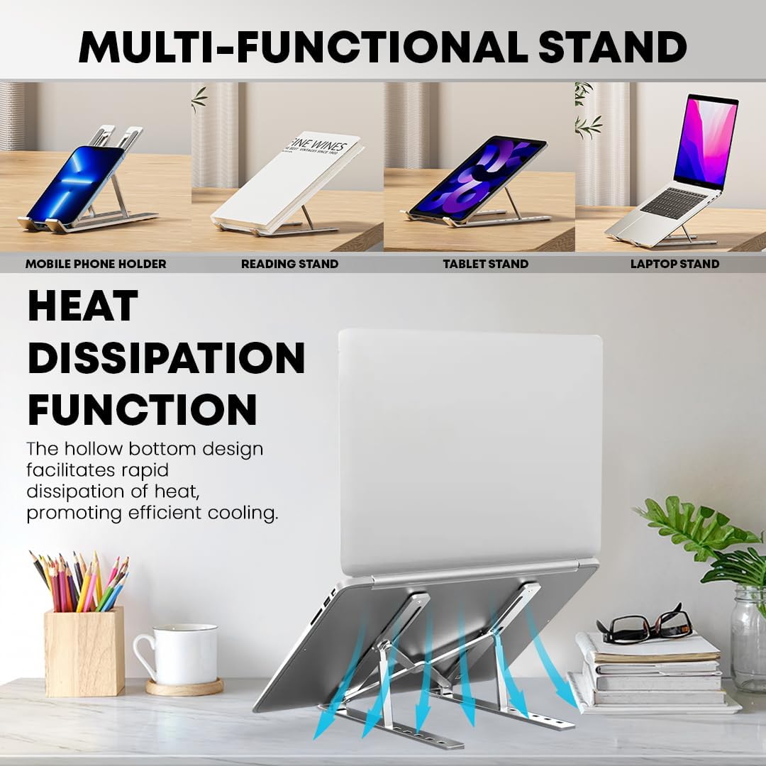 Stick Well Laptop Stand for Desk, Adjustable Aluminum Laptop Riser for Desk & Bed, Air-Ventilated Portable Laptop Stand, Compatible with MacBook