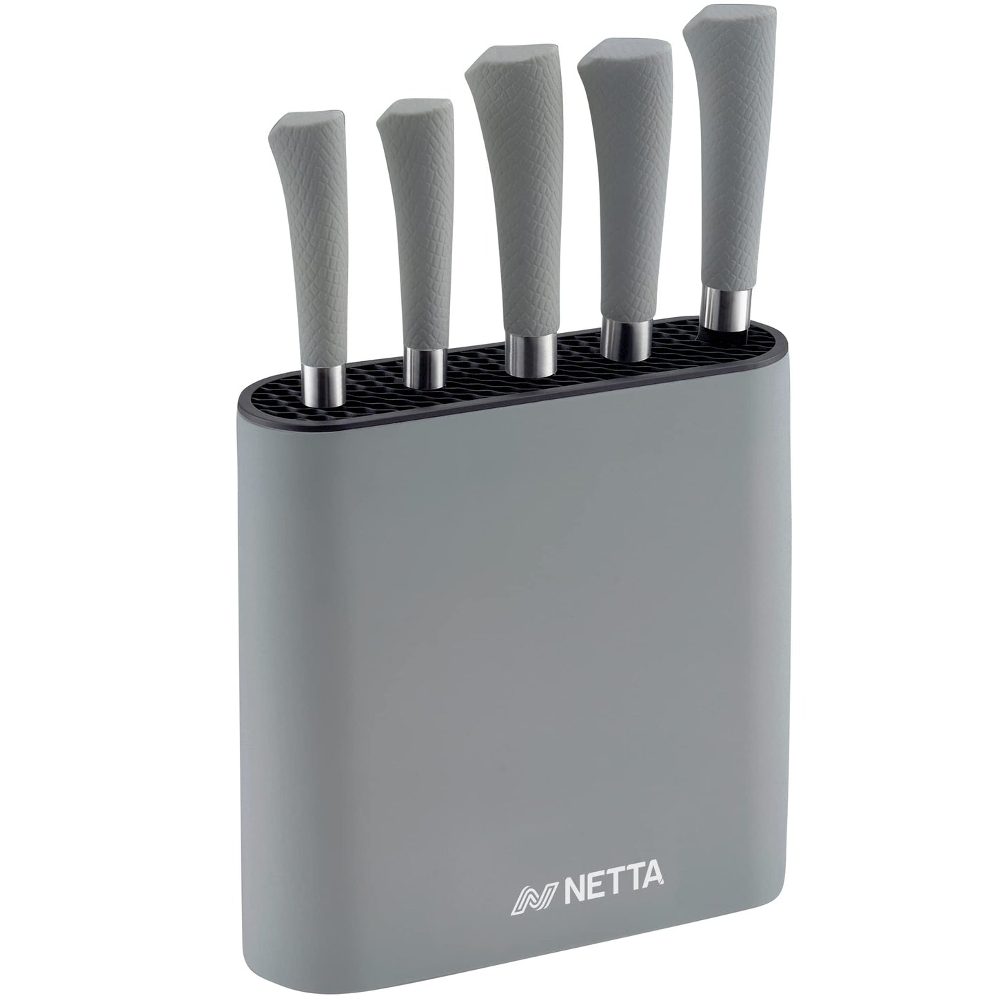 NETTA Kitchen Knife Set with Block - 6 Piece Stainless Steel Including Block - 5 Knives with Ergonomic Soft-Grip Handles and Safe-Storage Knife Holder