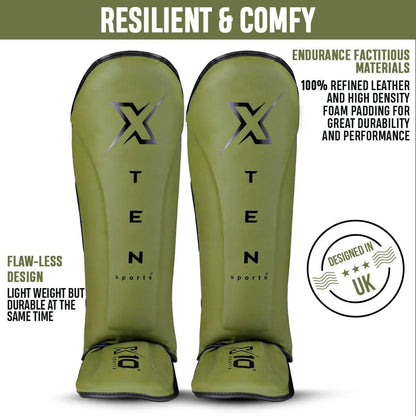 XTEN SPORTS Shin Guards Muay Thai, MMA, Gel Integrated Padding, Training Sparring, Boxing, Kickboxing, BJJ, Taekwondo Protective Gear, Olive Green