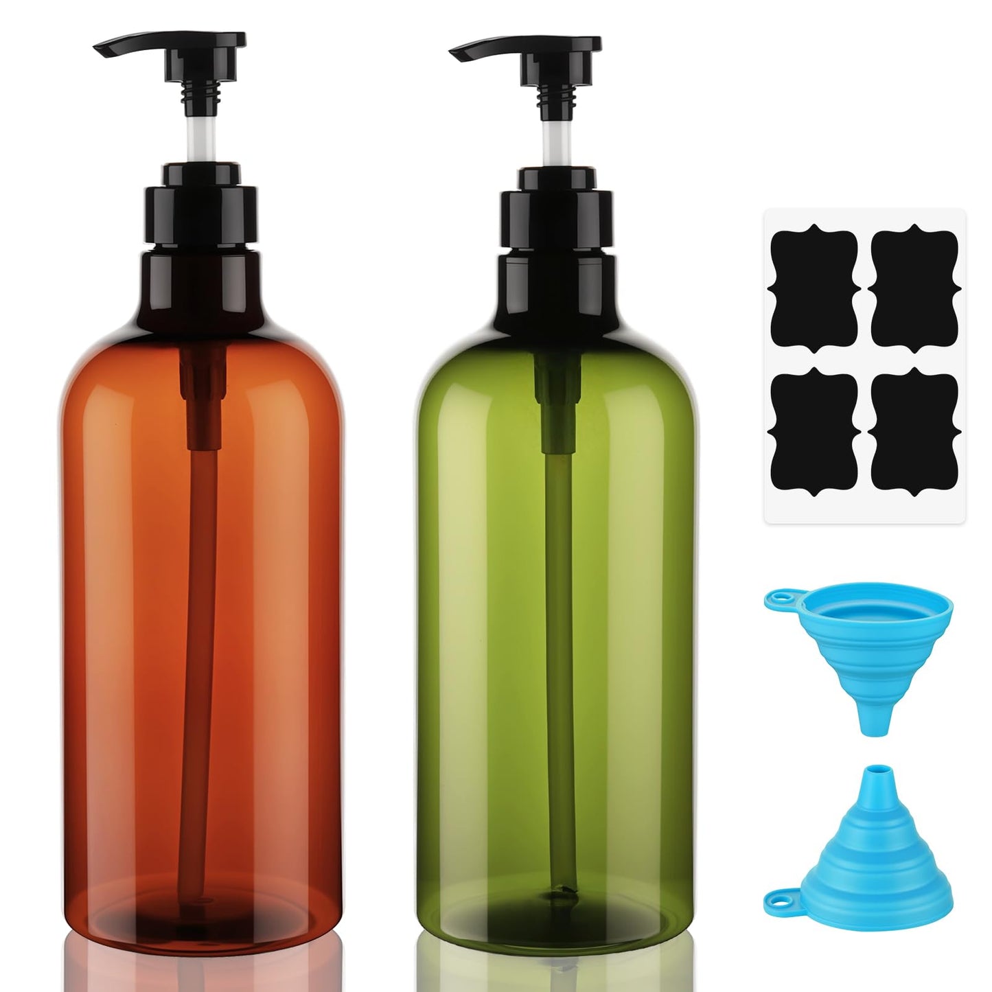 Decorniqu Pump Bottle Dispenser 1000ml 2 Pcs Refillable Plastic Press Pump Bottles Large Empty Liquid Hand Dish Soap Dispensers with Funnel and