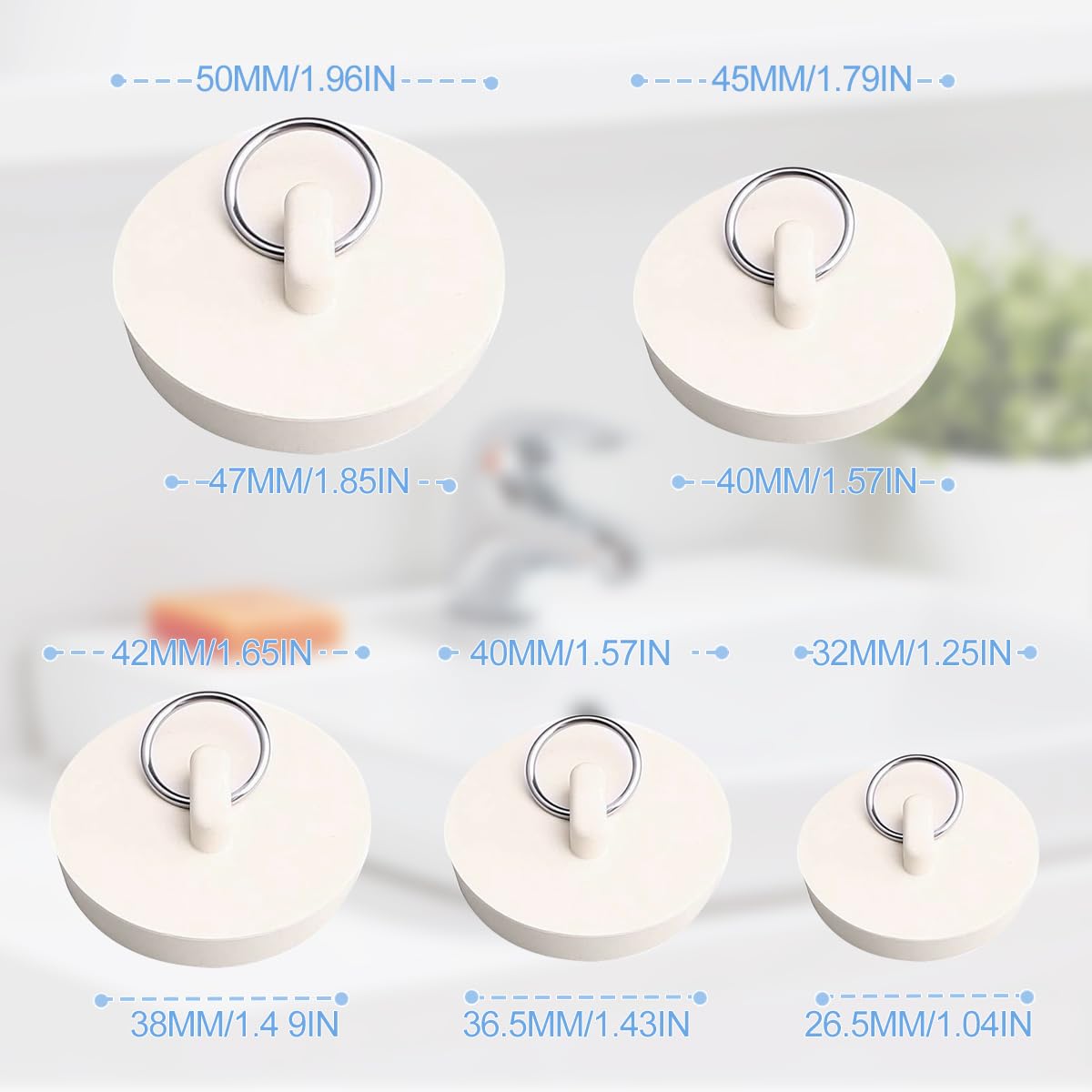 5 Pcs Rubber Bath Plugs, 5 Different Size Kitchen Sink Plug, Universal Bathtub Plug Drain Stopper for Bathtubs Kitchen Sinks Hand Basins White
