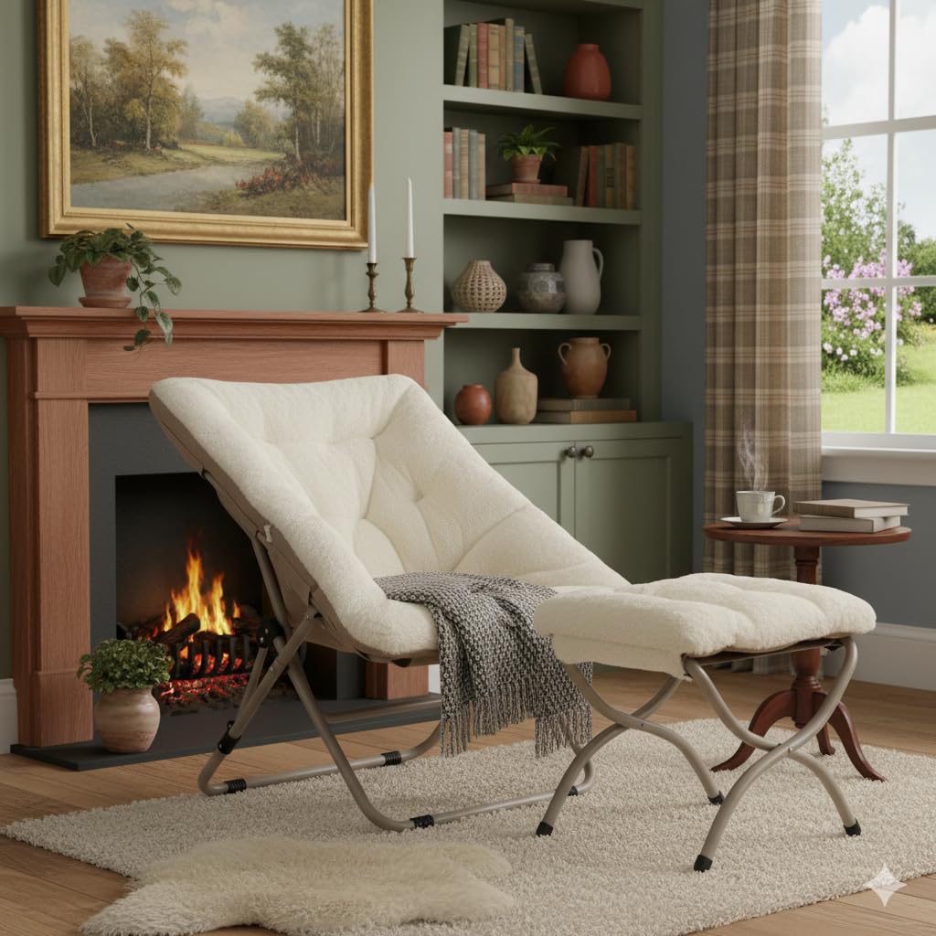 SESHINELL Comfy Saucer Chair With Ottoman - Oversized Foldable Faux Fur Lounge Set With Metal Frame Moon for Bedroom, Living Room, Dorm Rooms, Beige