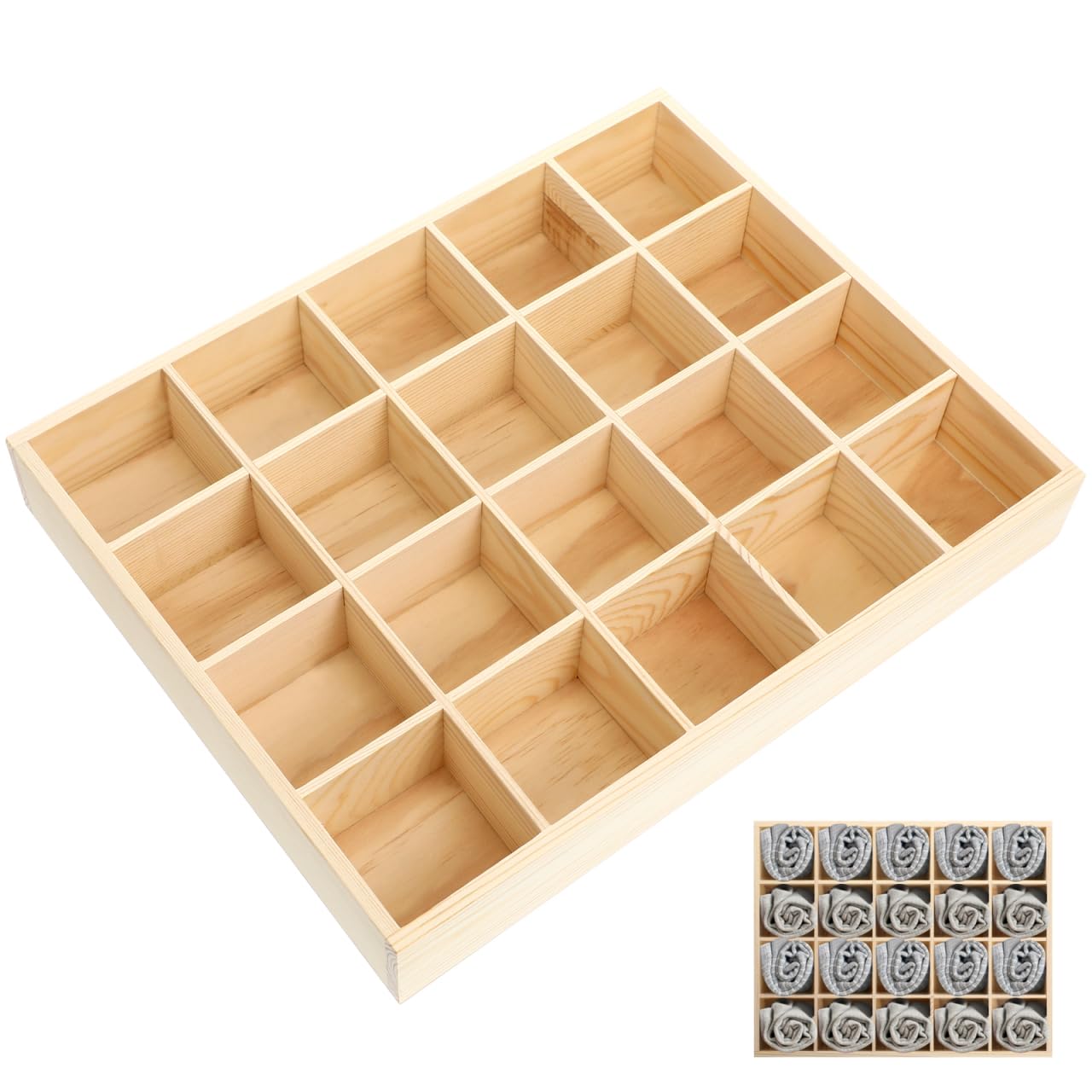 DOITOOL Wooden Drawer Organiser, Wooden Compartment Tray, Sock Organiser, Underwear Storage Case with 20 Compartments Stackable Drawer Organizer Box