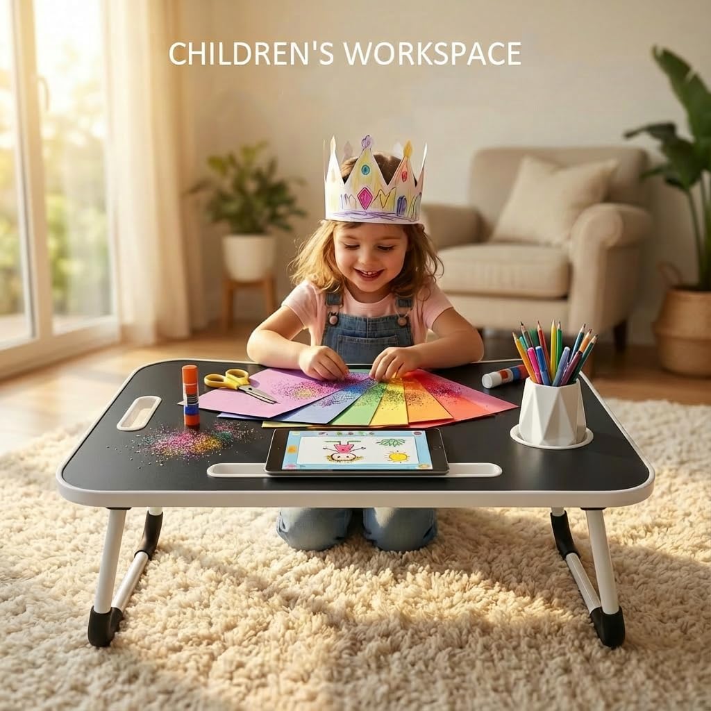 GnohGnoh Folding Lap Desk, 23 Inch Portable Wood Deep Black Laptop Bed Desk Lap Desk with Cup Holder, for Working Reading Writing, Eating