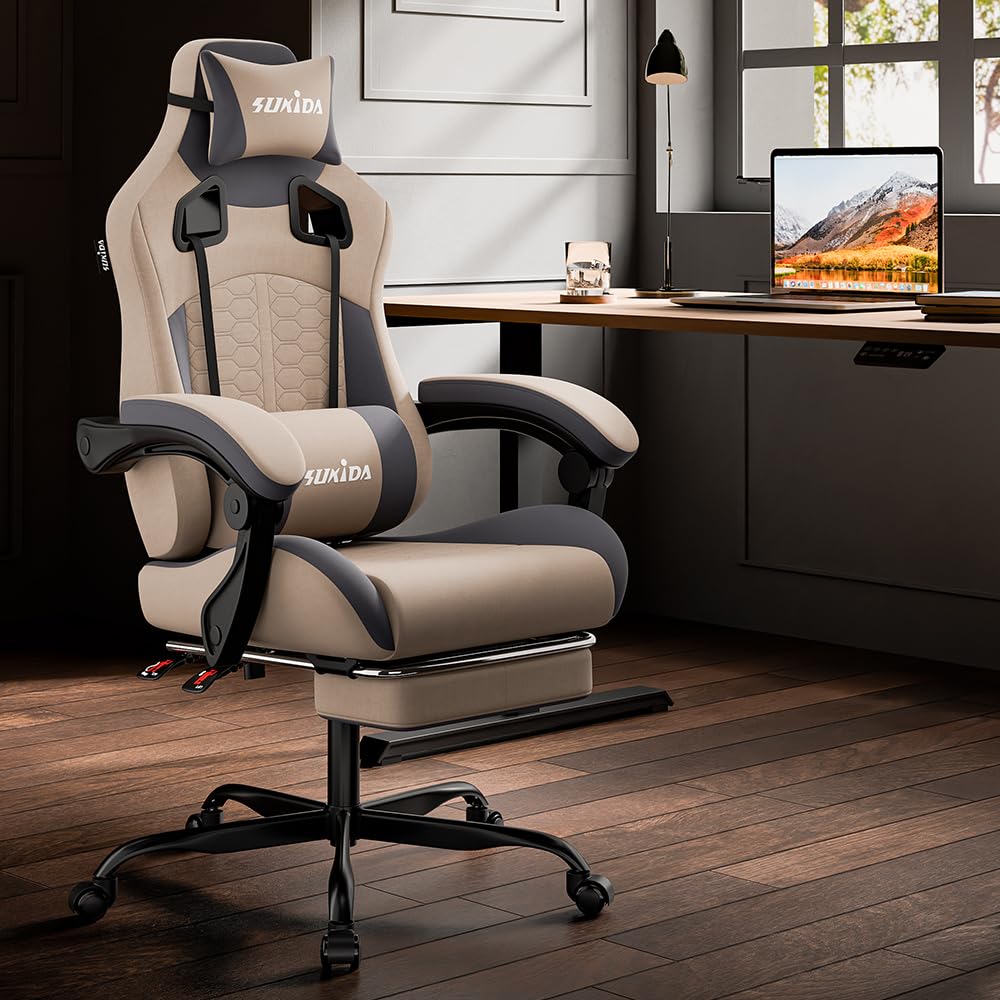 SUKIDA Ergonomic Gaming Chair for Adult, Comfortable Desk Chair with Massage, Comfy Headrest and Lumbar Support Pc Office chairs with Footrest