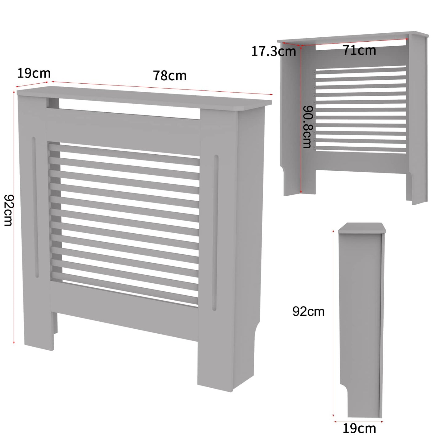 FATIVO High Radiator Cover Wood Cabinet: 92cm Height Grey Small Heater Covers Horizontal Slat Internal Heights 90cm Tall Radiator Shelf Thicken MDF