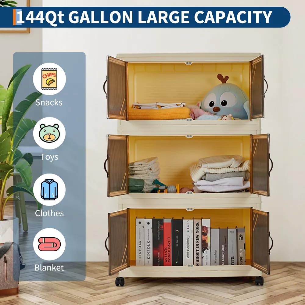 Foldable Wardrobe 28.3 x 15.3 x 44.9in, Plastic Folding Chest of Drawers with Magnetic Doors, Sturdy Multi-Purpose Cabinet for Children's Clothes