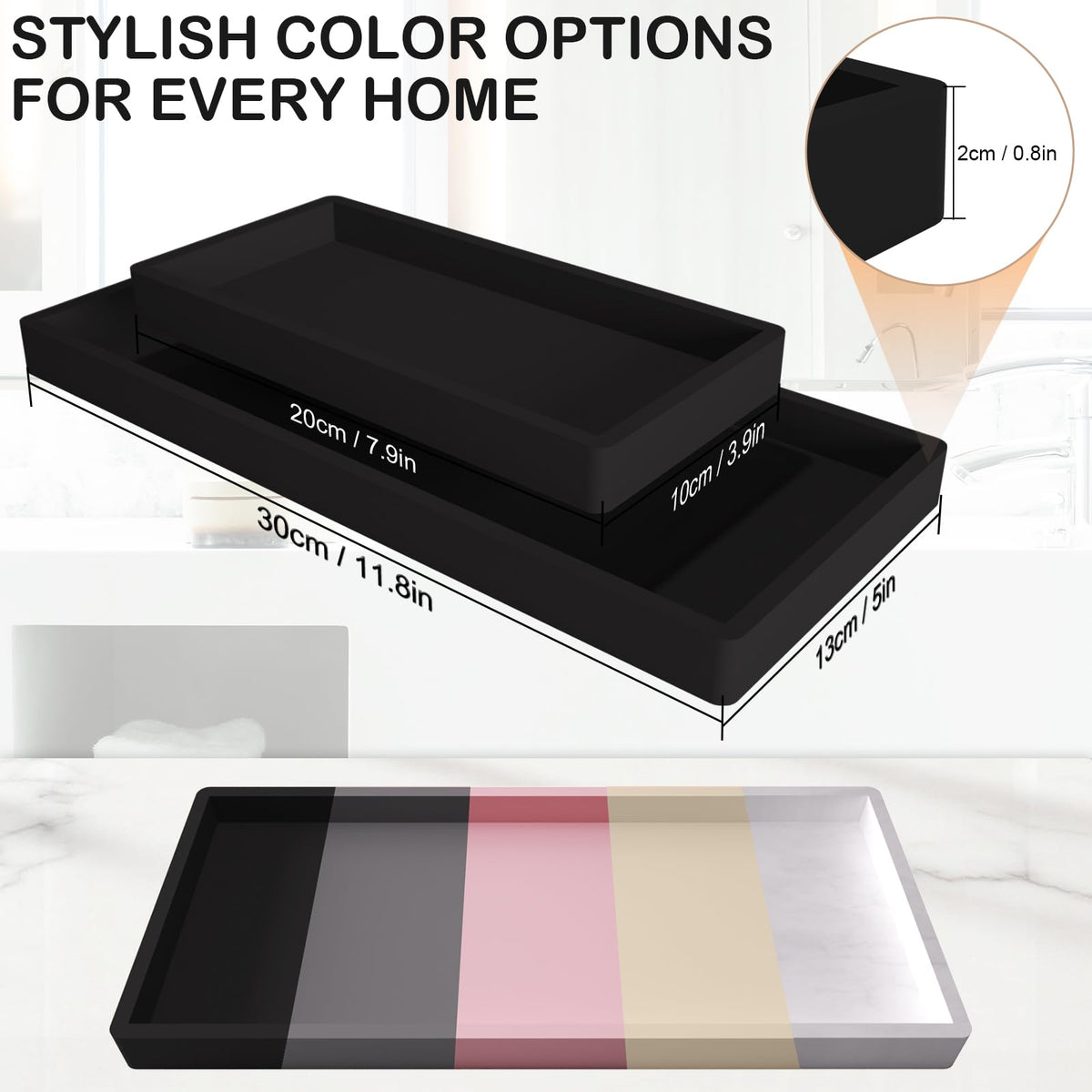 2pcs Bathroom Vanity Tray 20x10cm, Rectangular Soap Dispenser, Silicone Kitchen Sink Storage, Bathroom Countertop Tray Non-Slip and Easy to Clean