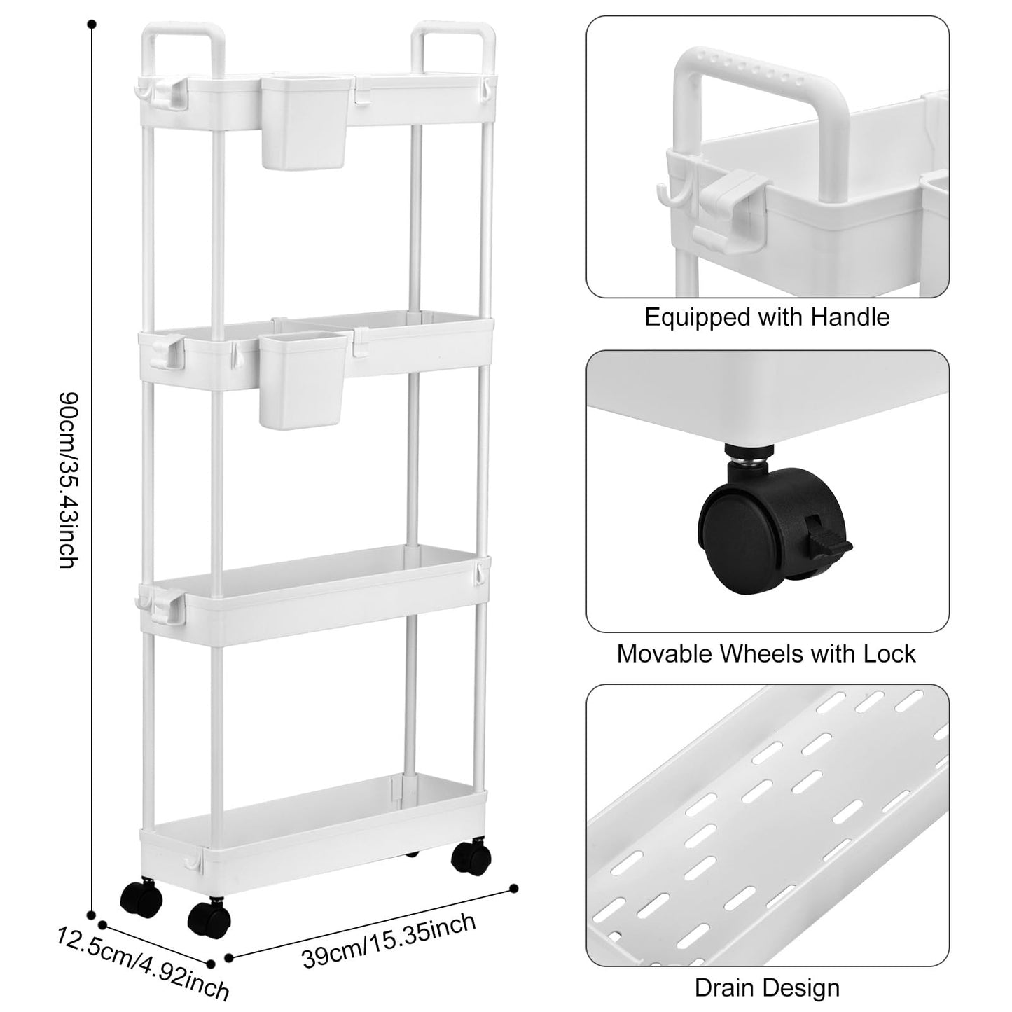 Queta Storage Trolley, Kitchen Storage Utility Cart Mobile Shelving Unit with Handle Hook Slide Out Storage Rack for Office, Kitchen, Bedroom