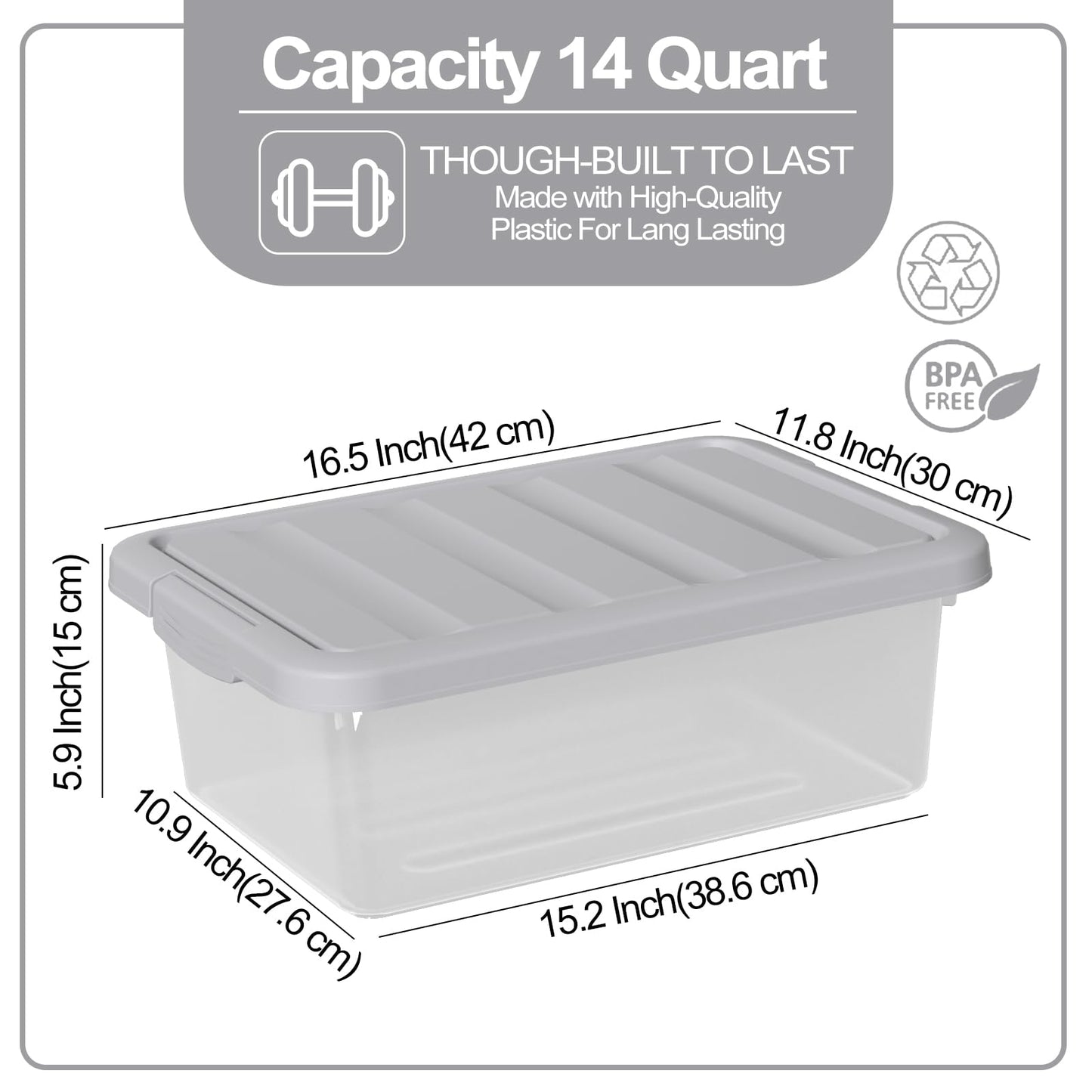 Parlynies 14 L Clear Storage Box with Gray Lid, 2 Pcs Plastic Under Bed Storage Bins for Organizing Clothes