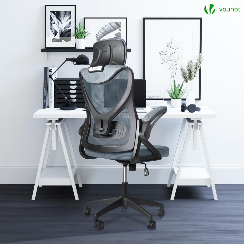 VOUNOT® Ergonomic Office Desk Chair, High Back Computer Chair, Executive Swivel with Adjustable Lumbar Support & Headrest for Home Office, Grey