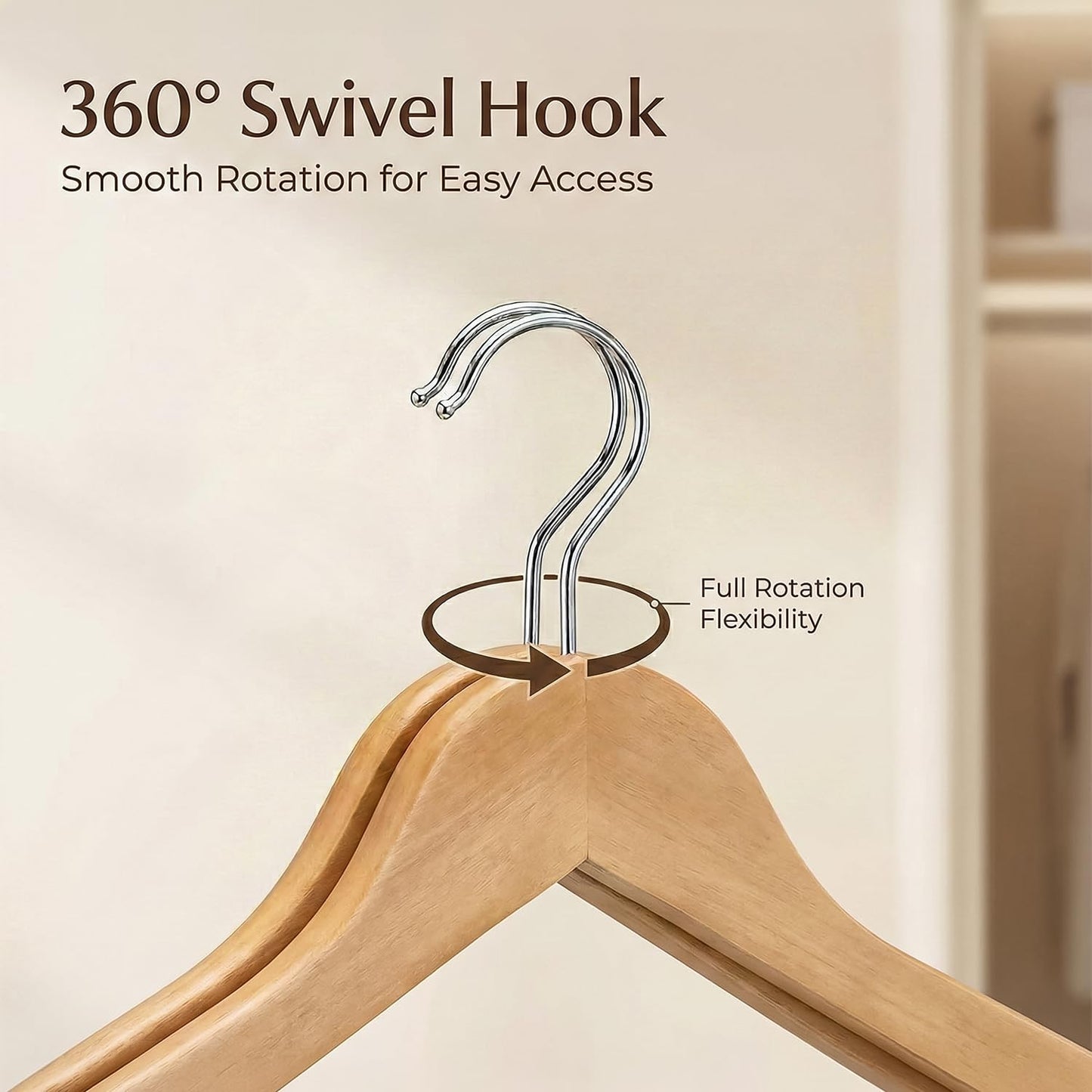 DrySmart 20 Pack Wooden Coat Hangers with 360° Swivel Hook, Round Trouser Bar & Shoulder Notches – Durable Space-Saving Closet Hangers for Men & Women