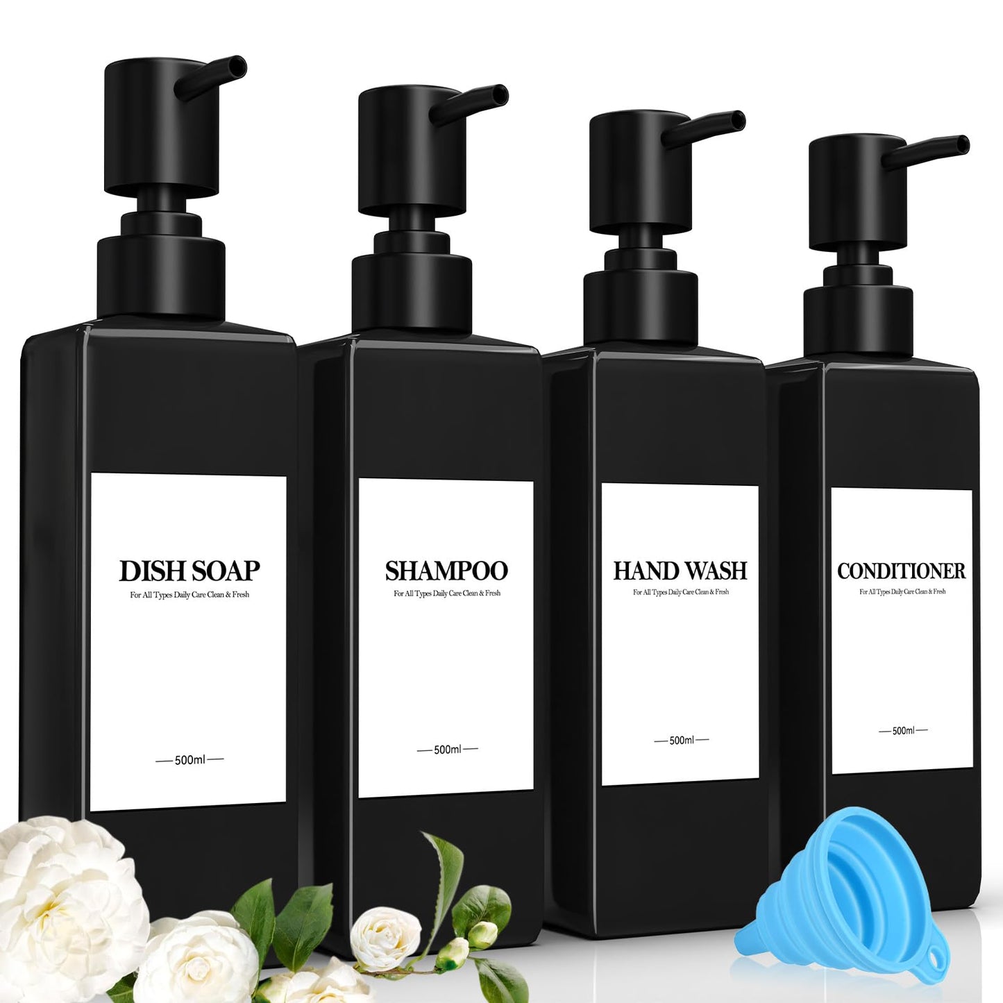 Set of 4 Plastic Shampoo Bottles for Filling, 500 ml Soap Dispenser Bottles Shampoo Dispenser Black Pump Dispenser with Funnel and Waterproof Labels