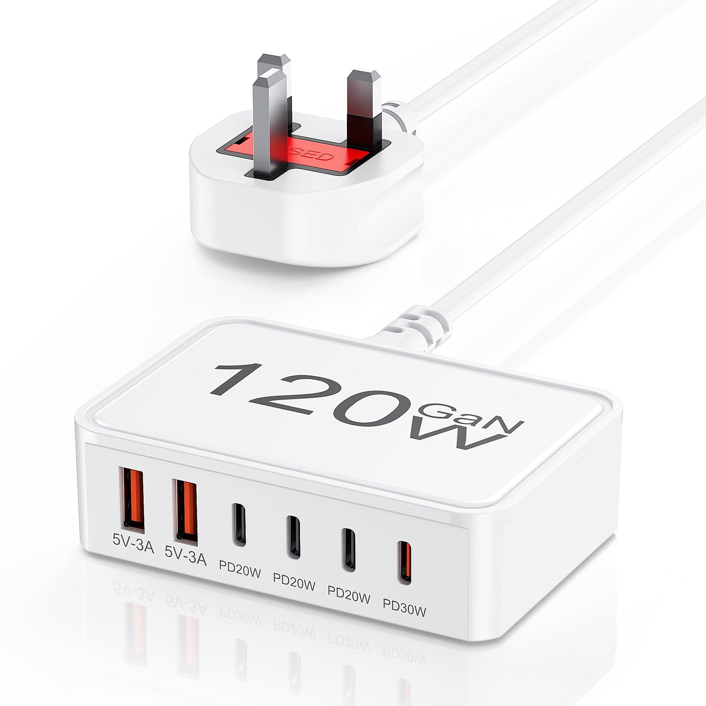 USB C Plug Fast Charge 120W GaN 6-Port USB C Charging Station, 30W Type C Fast Charge Plug Hub, Multi Desktop Charger Travel Adapter for iPhone 17 16