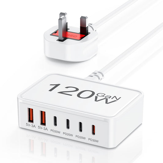 USB C Plug Fast Charge 120W GaN 6-Port USB C Charging Station, 30W Type C Fast Charge Plug Hub, Multi Desktop Charger Travel Adapter for iPhone 17 16