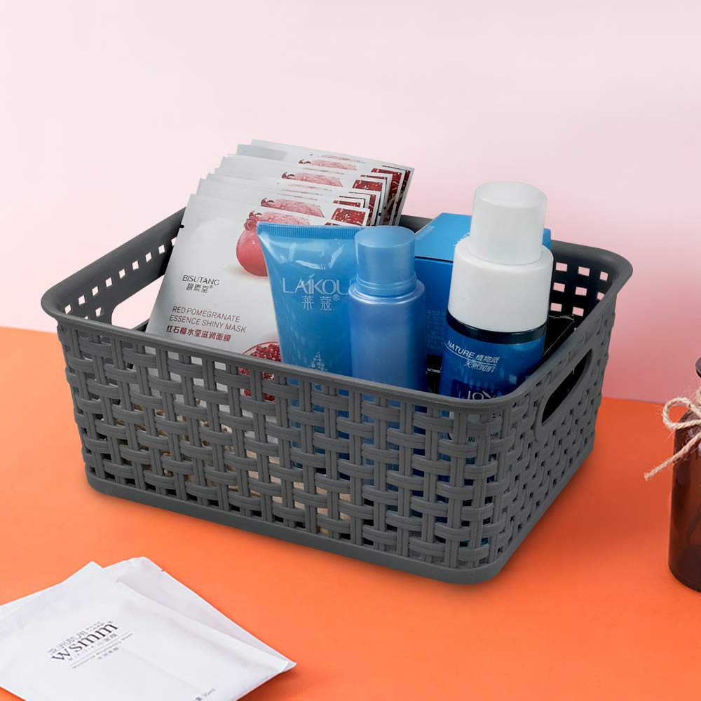 Gloreen 6 Packs Desktop Storage Basket, Small Plastic Weave Baskets, Grey