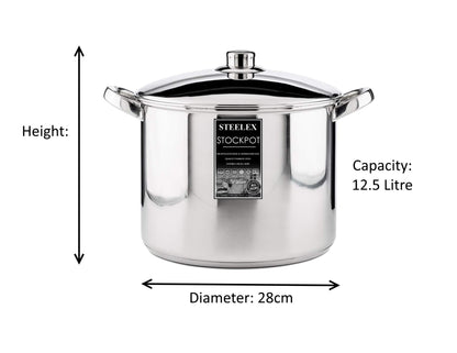 Stainless Steel Induction Stock Pot with Lid Large Deep Casserole Cooking Stockpot Mirror Polished Finish Soup Stew Home Brew Pot (28cm - 12.5 Litre)