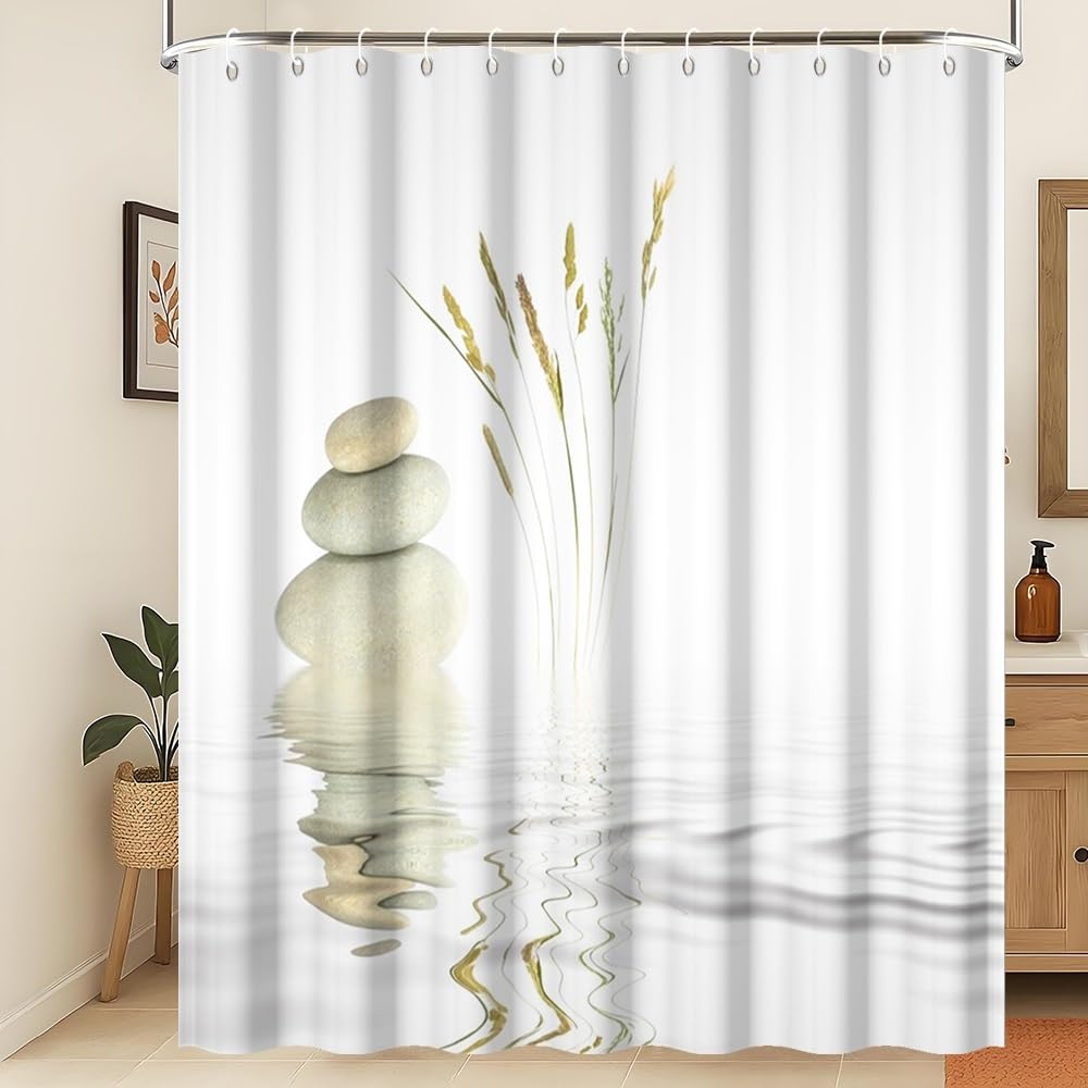 Xiaoterna Spa Garden Shower Curtain Wild Grass Reflection in Water Meditation Bathroom Curtain Rustic Spa Stone Water White Shower Curtain Machine