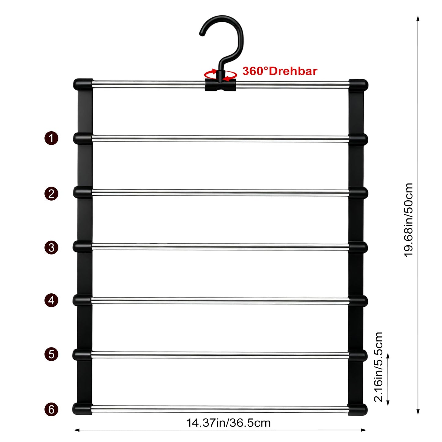 VirtuGro 2 Pack Trouser Hangers Space Saving Black Metal Coat Pants Hangers, 360° Rotatable 6-Tier Stainless Steel Multi Jeans Hanger Closet