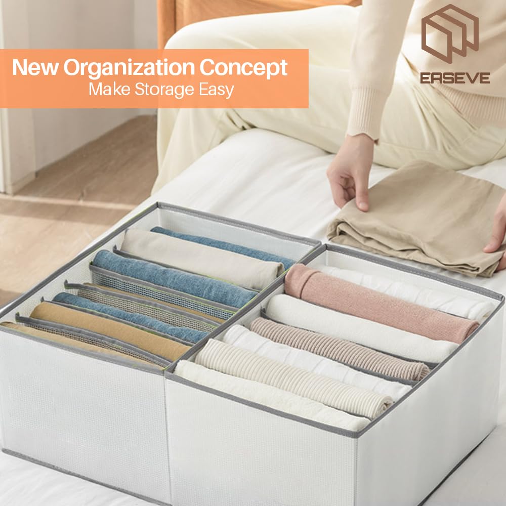 2 Pack 7-Grid Wardrobe Storage Organiser Boxes with Dividers for Clothes