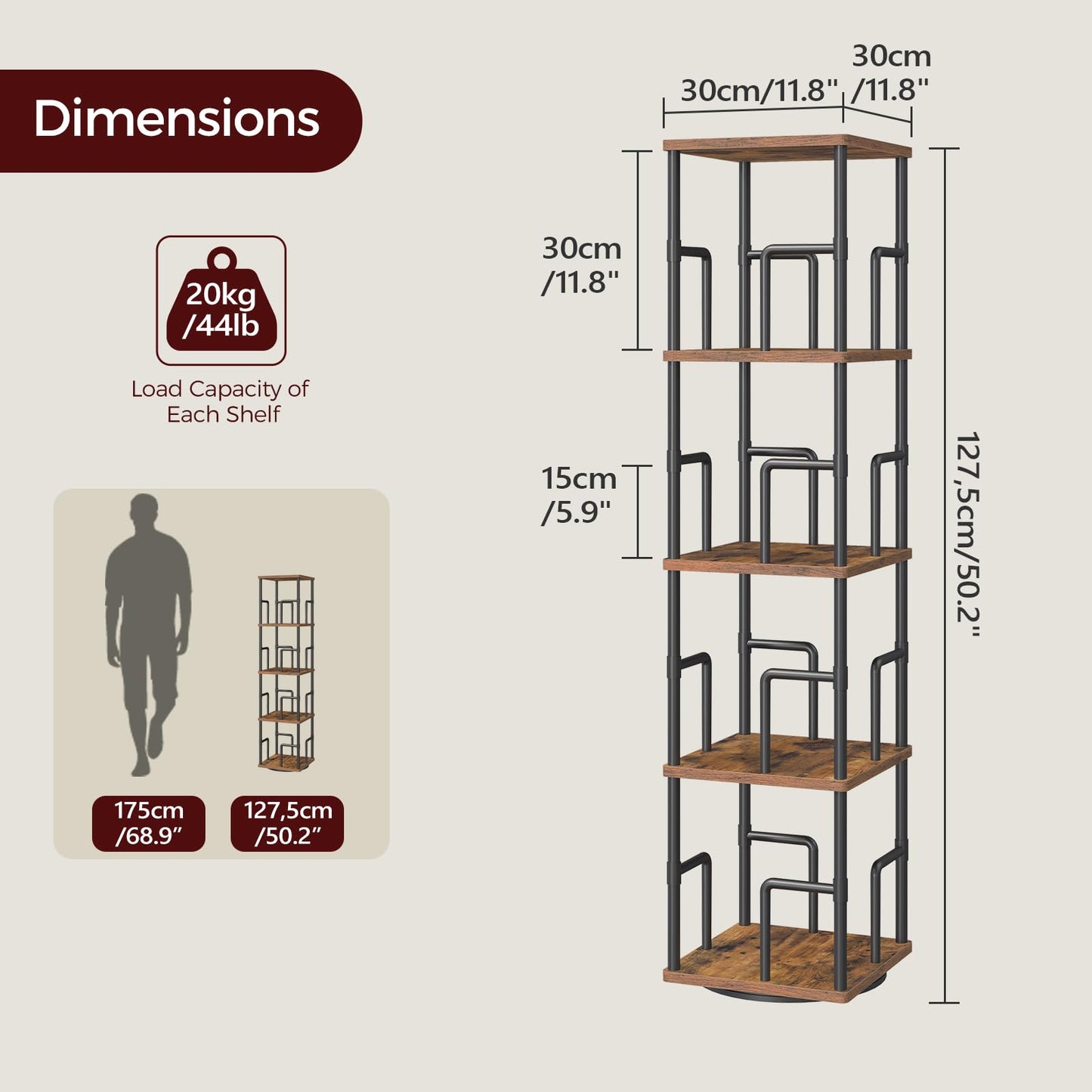 MAHANCRIS Rotating Bookshelf, 4-Tier Spinning Bookcase, 360° Revolving Bookcase, Storage Turning Shelf with Rails for Corner, Living Room, Bedroom