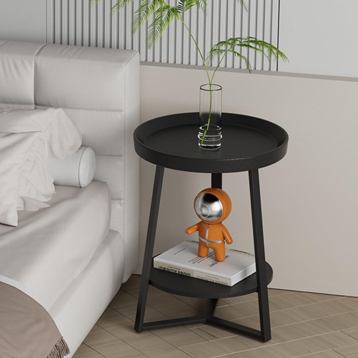 HOME BI Round End Table with Storage Shelf, 2 Tier Farmhouse Circle Side Table Nightstand for Living Room, Bedroom,Black Wood Grain