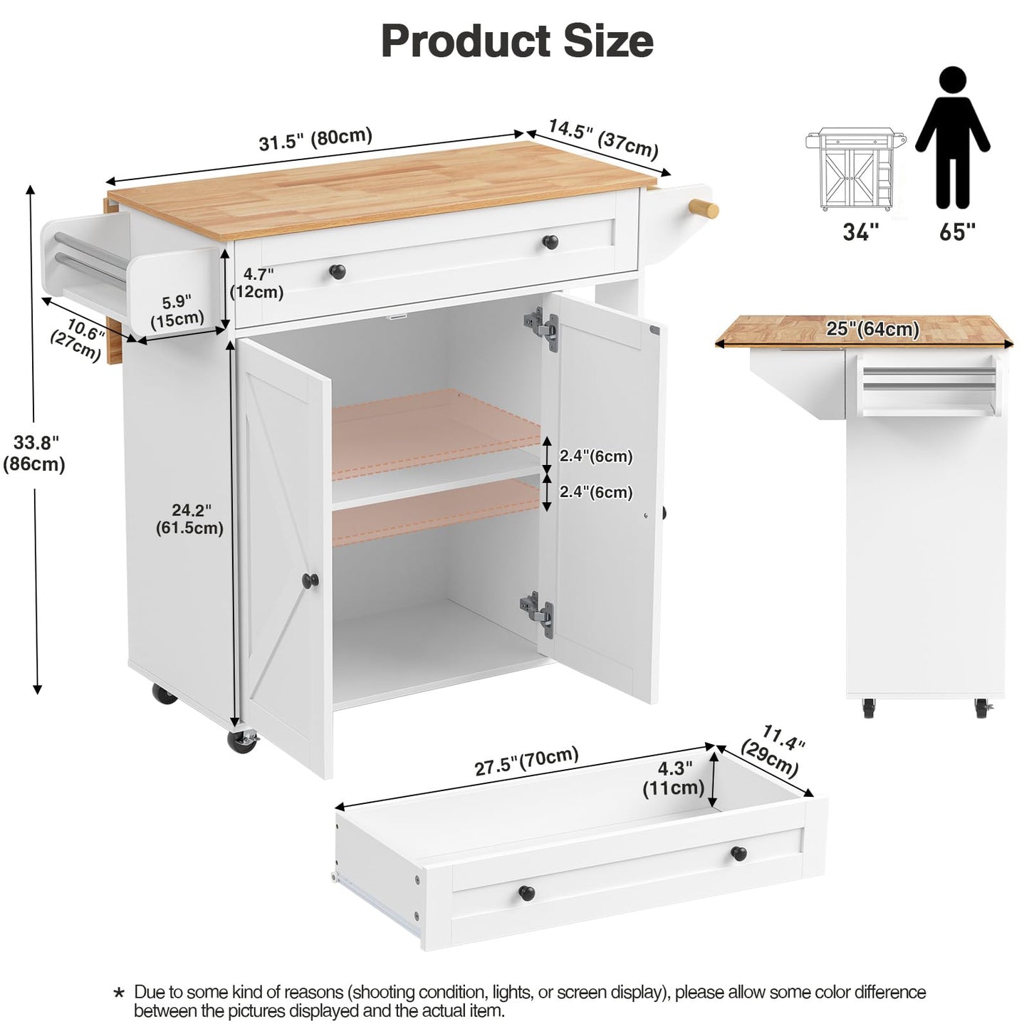 Drop-Leaf Kitchen Island on Wheels Utility Storage Cart with Drawers