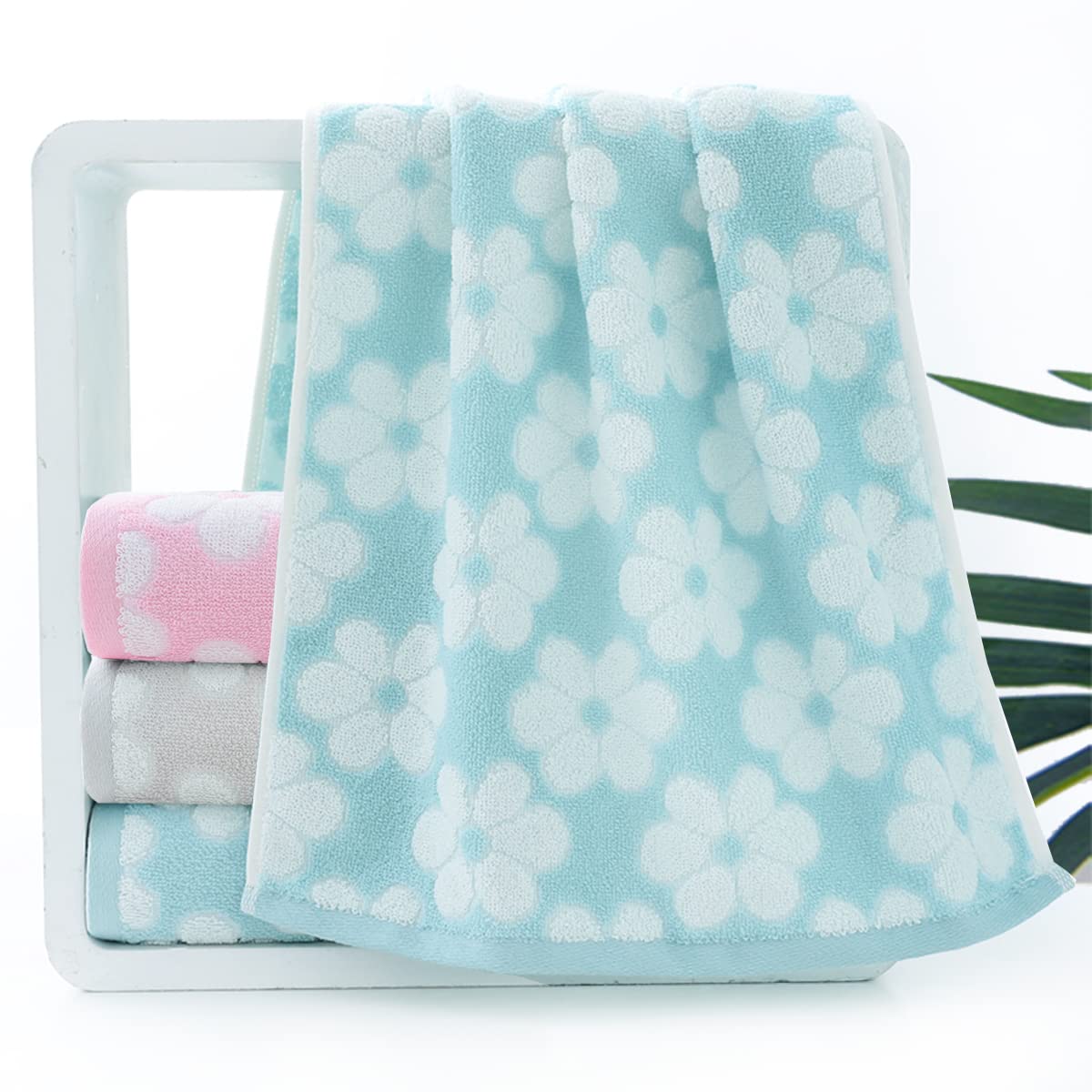 Pidada Hand Towels Set of 4 Floral Pattern 100% Cotton Soft Absorbent Decorative Towel for Bathroom(Blue)