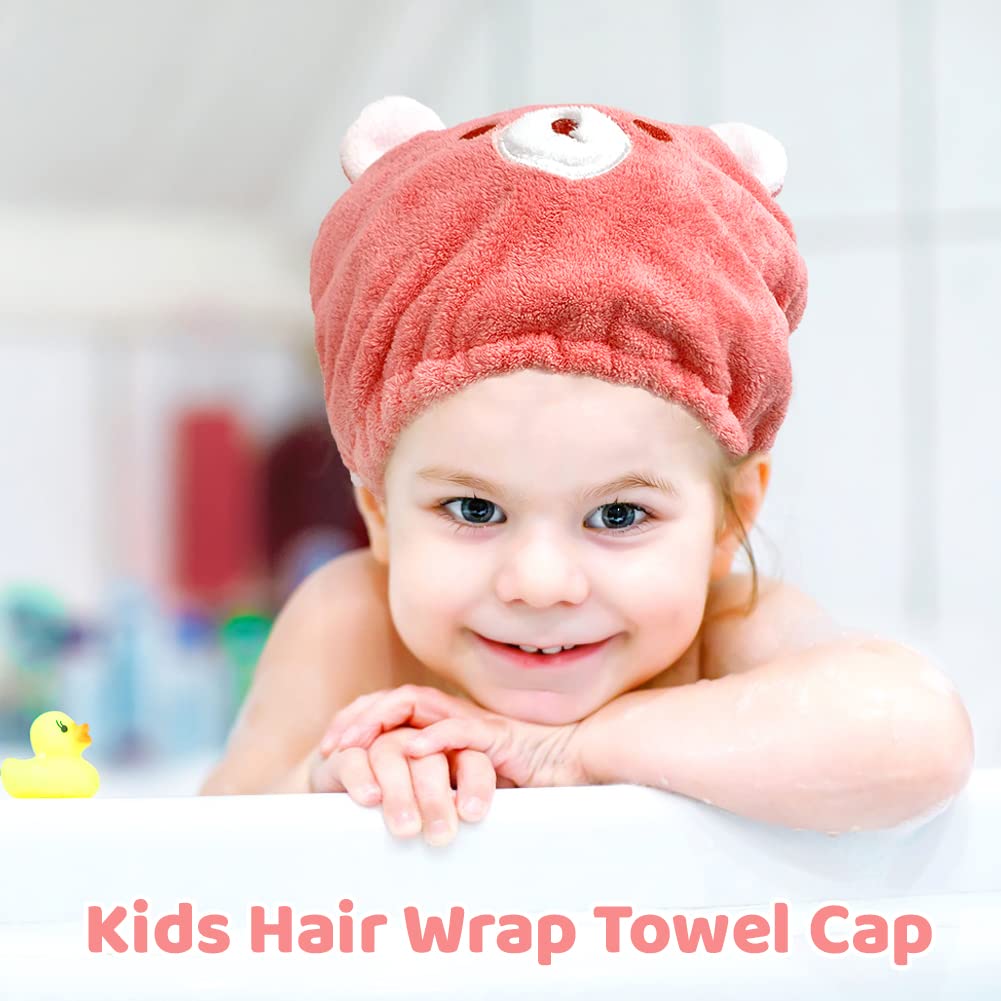 SwirlColor Hair Towel Wrap Hat for Kids, 2 Pcs Cute Cartoon Bear Microfibre Hair Towel Wrap Super Absorbent Quick Drying Turban Cap Pink and Camel