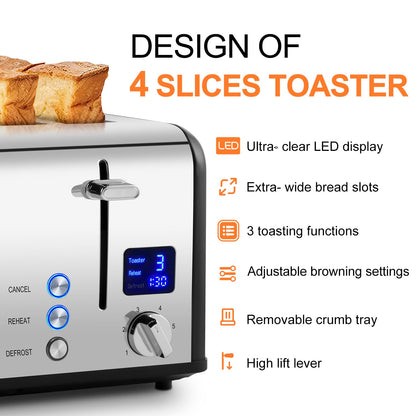 Toaster 4 Slices, Cusimax Stainless Steel Toaster with Ultra-Clear LED Display & 4 Extra-Wide Slots, Defrost/Reheat/Cancel Function, 6 Browning