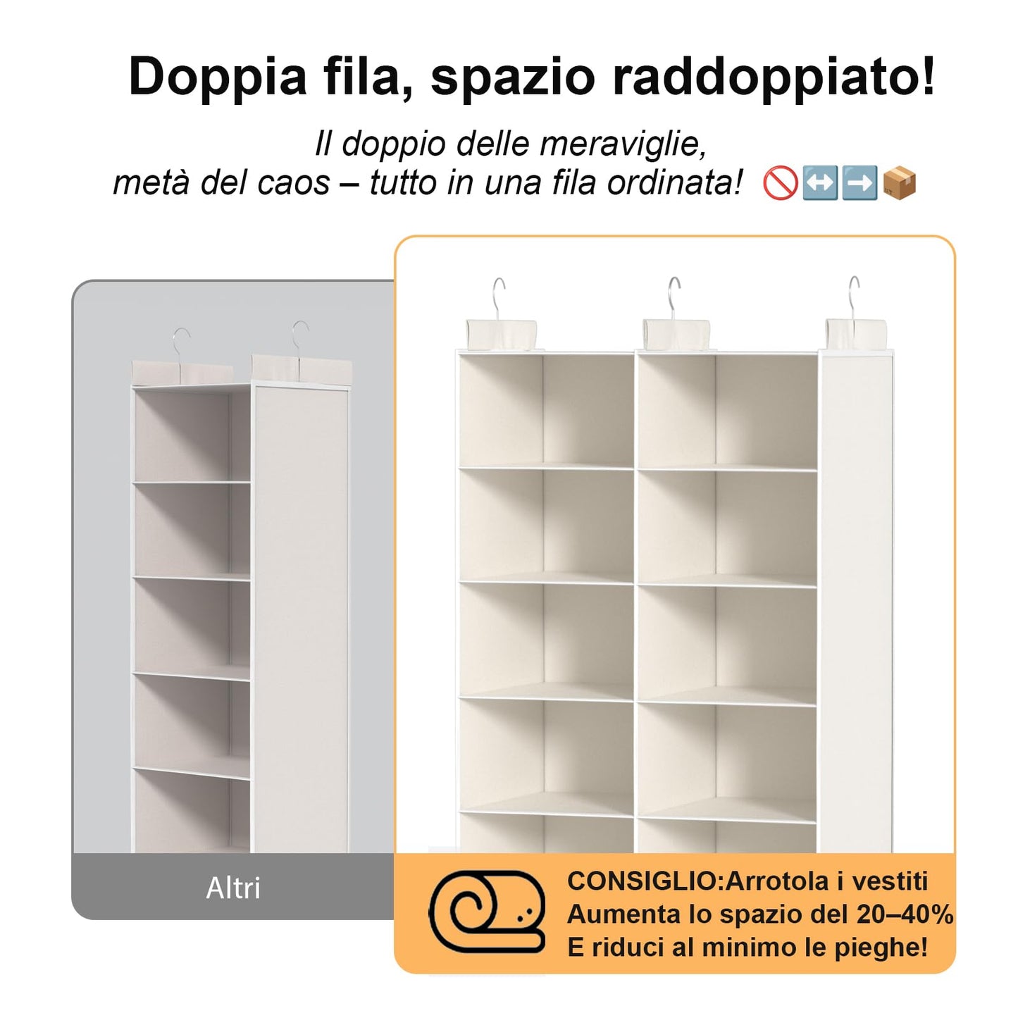 ALLTIDYUP Double Row Folding Hanging Wardrobe Organiser with 6 Compartments, 12 Pockets and 3 Hooks, Space Saving for Clothes-White