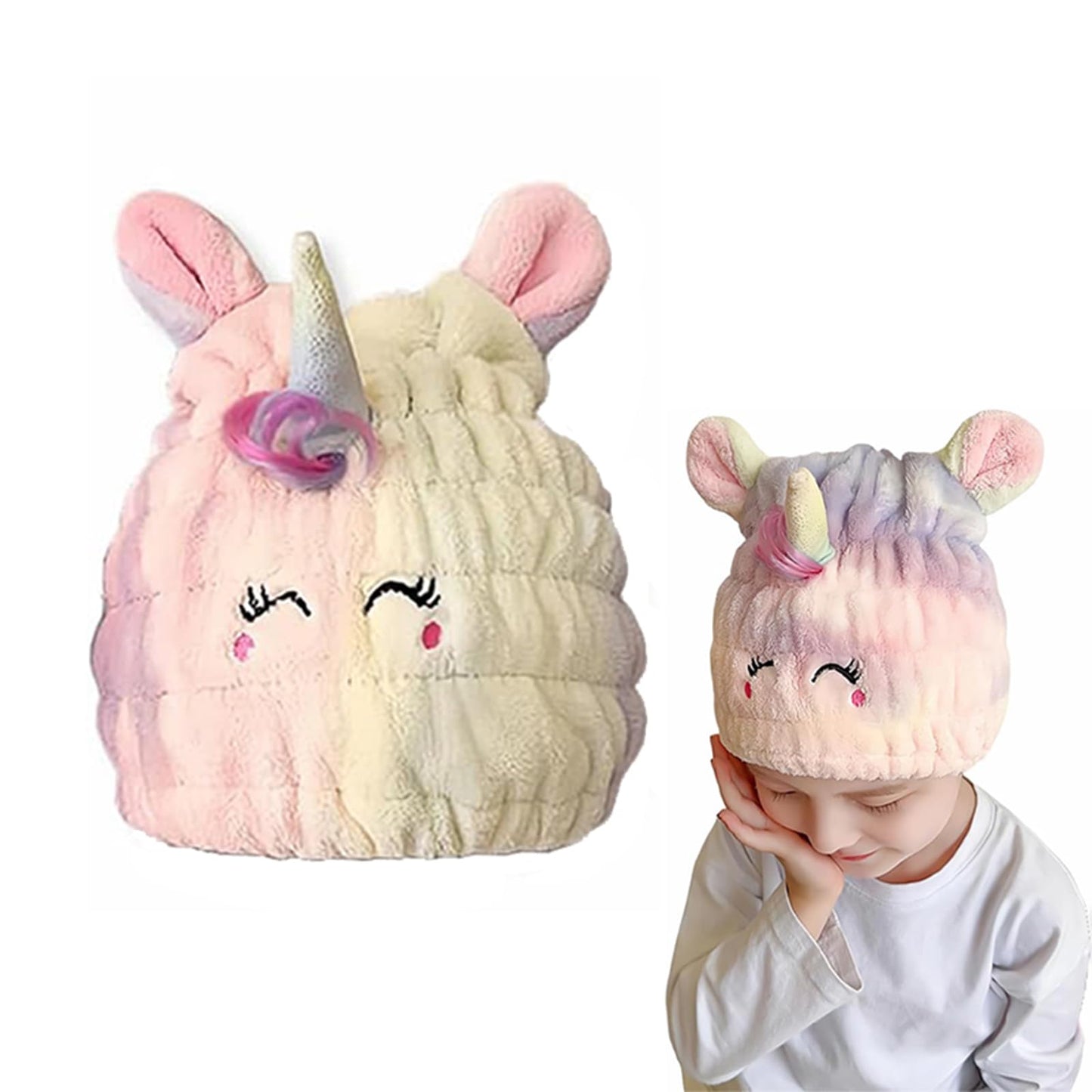 Kids Absorbent Hair Towel Wrap Soft Coral Fleece Hair Drying Wrap Towel Hat for Girls 2-9 Years Cute Cartoon Hairs Drying Turban Towels Quick Dry