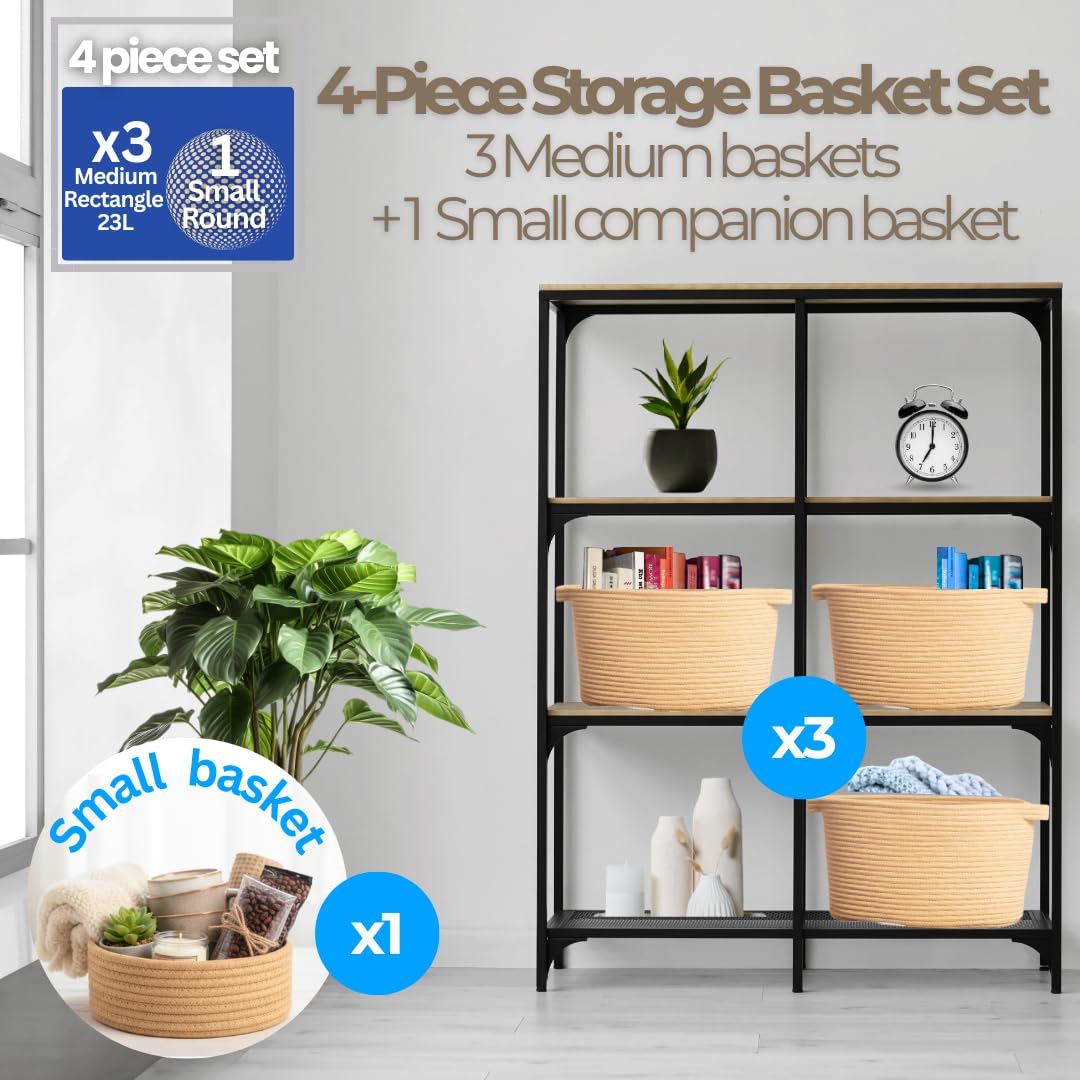 4pcs Cotton Rope Storage Basket Set (3 Medium + 1 Small) Woven Baskets with Handles for Living Room, Bedroom, Bathroom & Nursery – Honey