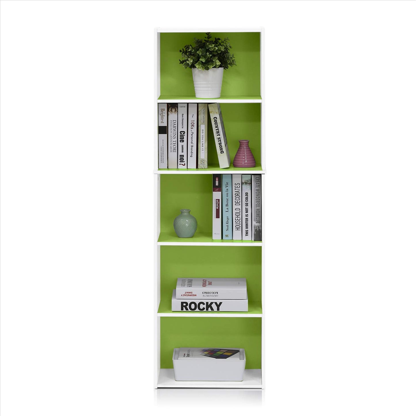 Furinno LUDER Book Shelf, 5-Cube Bookshelf, Bookcase with Open Shelf, 9.4 x 15.8 x 52, for Living Room, Bedroom, Home Office, White/Green
