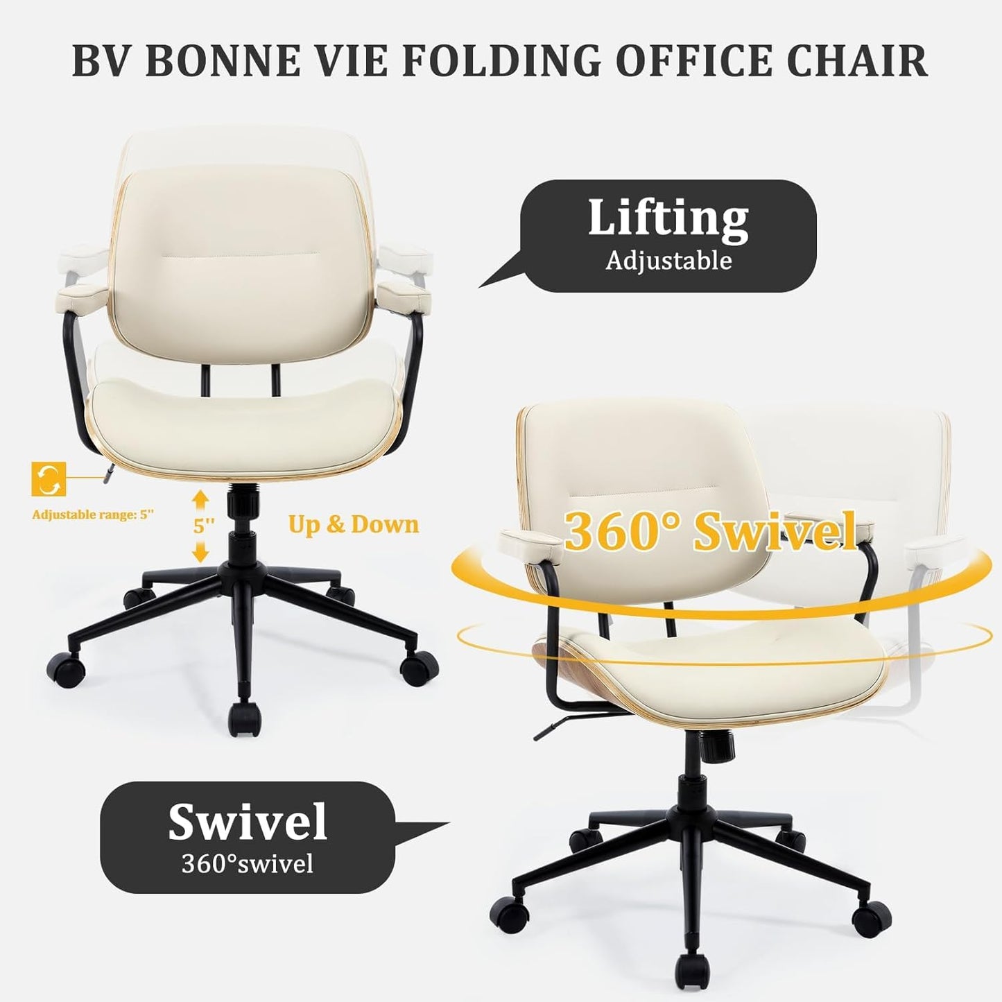 BERYTH Office Computer Desk Chair Mid Century Modern Office Chair Swivel Rolling Task Chair with Armrests and Walnut Back, Adjustable