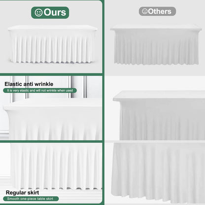 BDDC Rectangle Table Skirts - 8ft One Piece White Table Cover with Wrinkle Resistant Ruffles for Banquets, Weddings & Parties