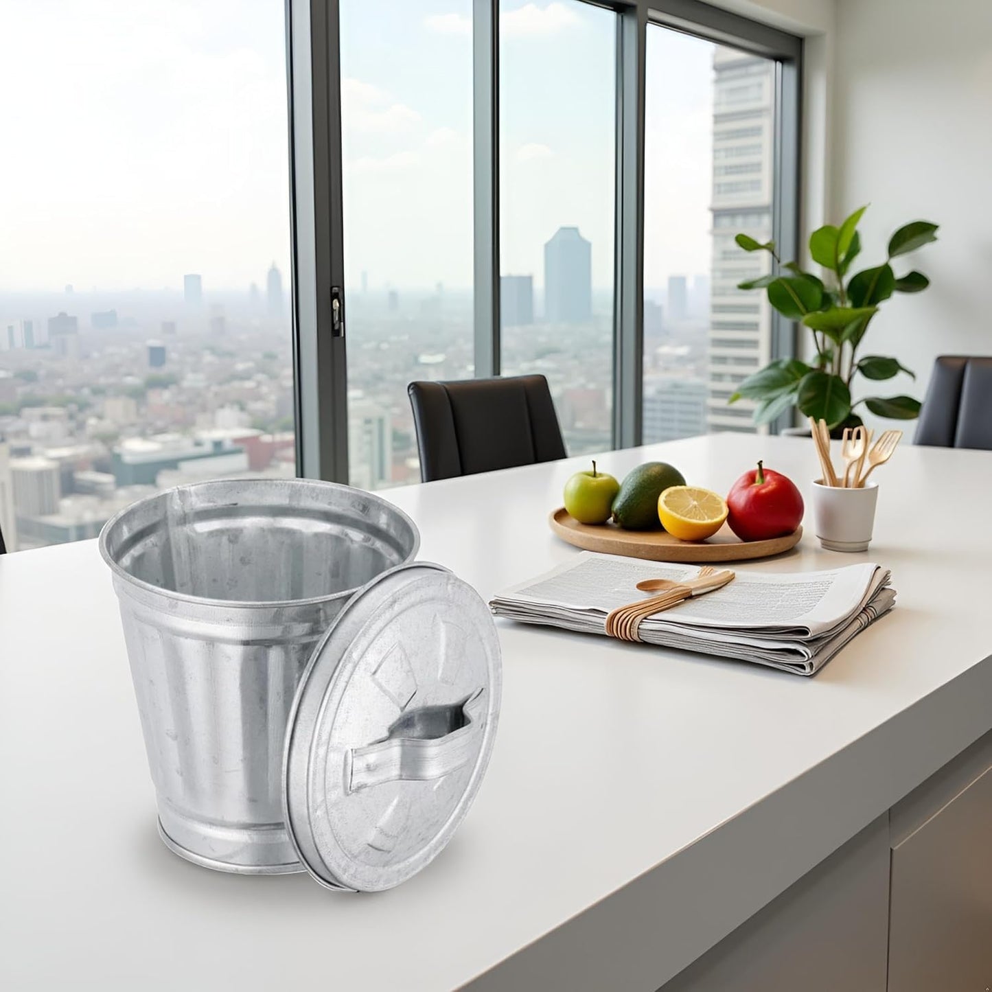 Dwang Silver Mini Galvanized Trash Can with Lid Mini Wastebasket Trash Can Small Metal Buckets Minis Tabletop Trash Metal Rubbish Bin Flower Pot Pen