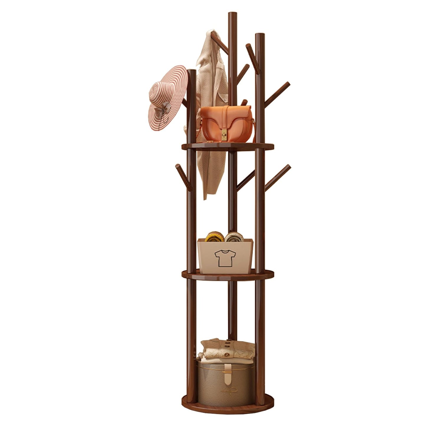 Simcat Freestanding Wooden Coat Rack 8 Hooks 3 Tier Storage Shelf Walnut
