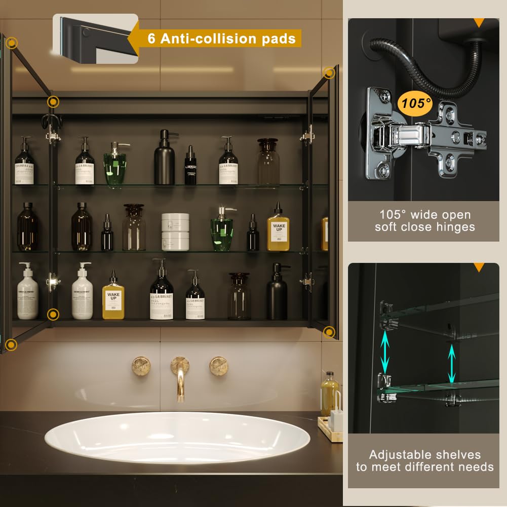 KWW 75 x 70 cm Two Doors Aluminum LED Bathroom Medicine Cabinet with Mirror