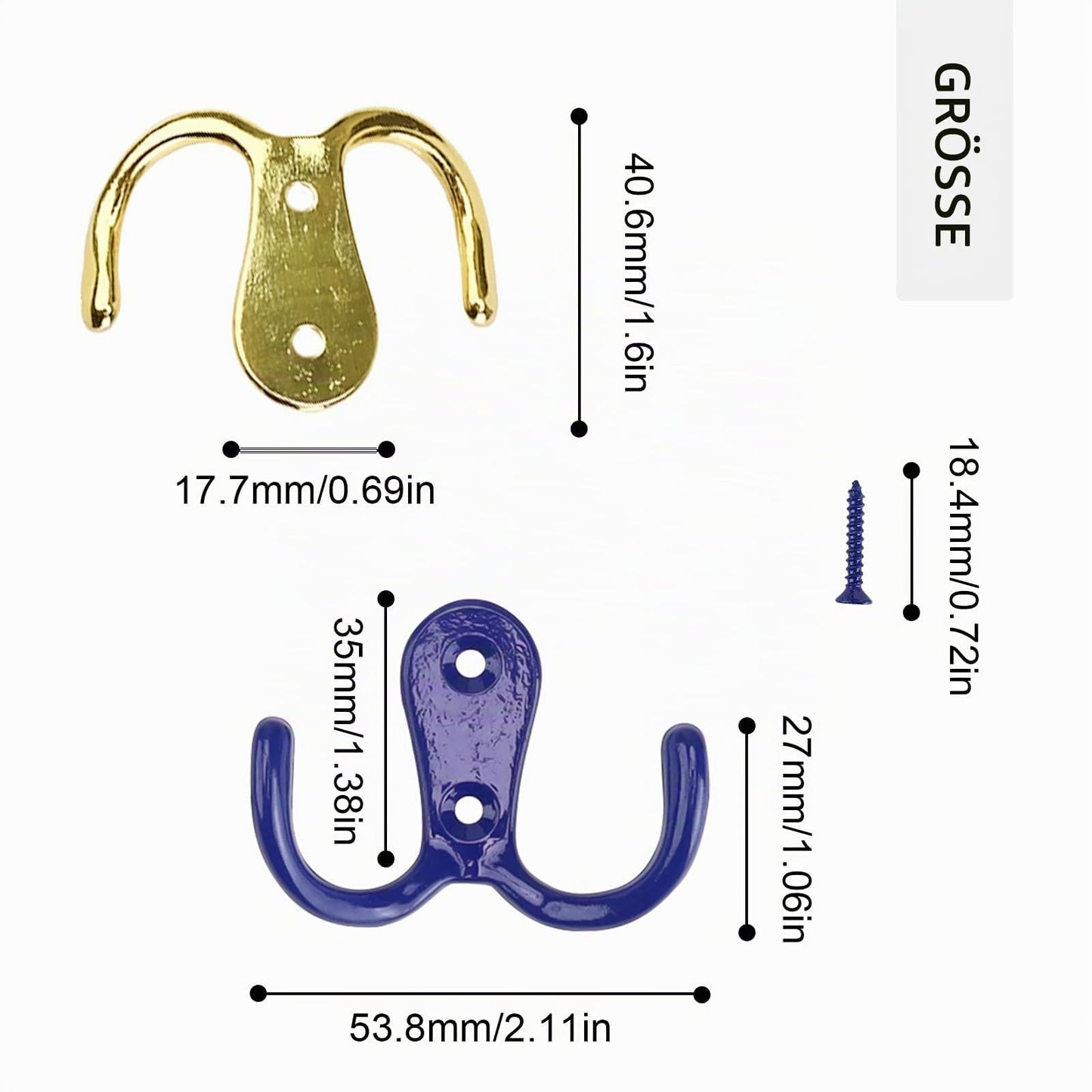 ZIJANG 7 Colorful Double Coat Hooks, Zinc Alloy Wall Hook (with Screws), Electroplated Coat Pegs, Suitable for Bedrooms, Bathrooms and Kitchens