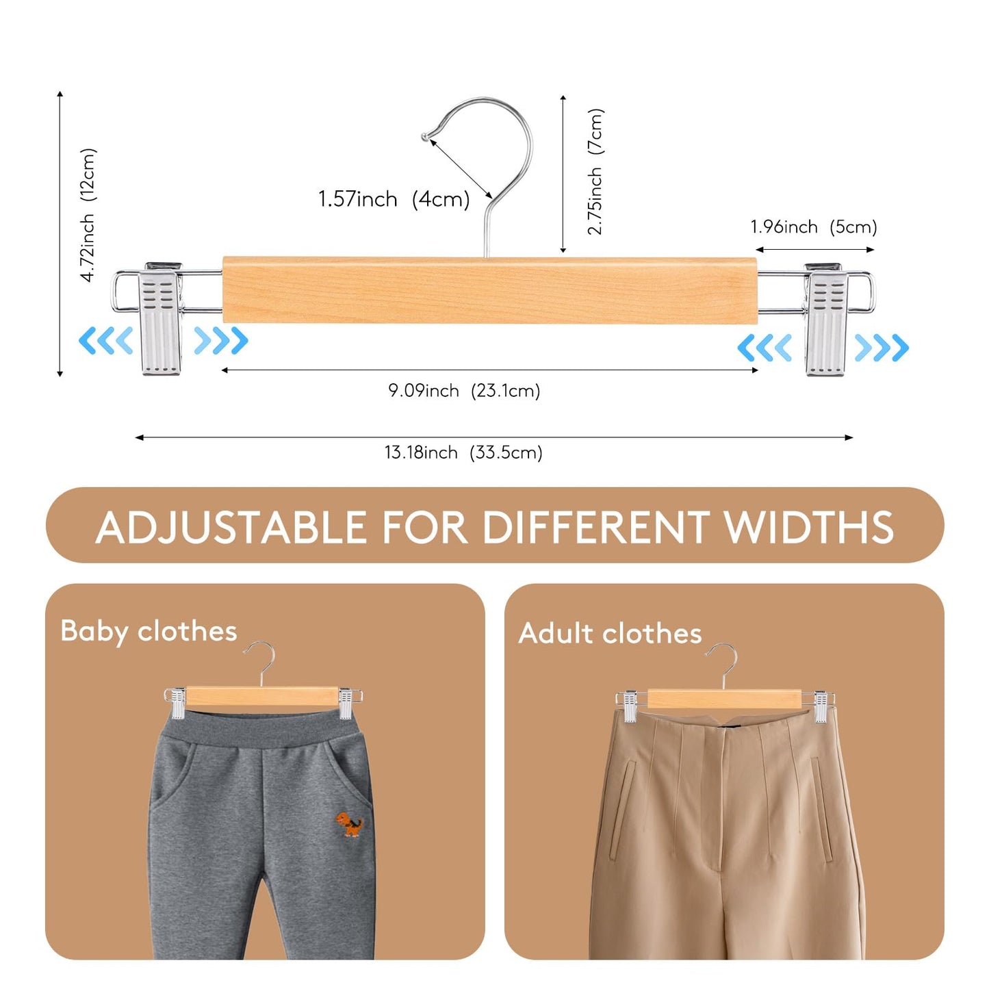 10Pack Wooden Trouser Hangers with Clips, 35cm Skirt Coat Hangers,Clothes Hangers for Shorts,Pants,Kilt,Jeans,Heavy Duty,Adjustable,Adult,360° Swivel