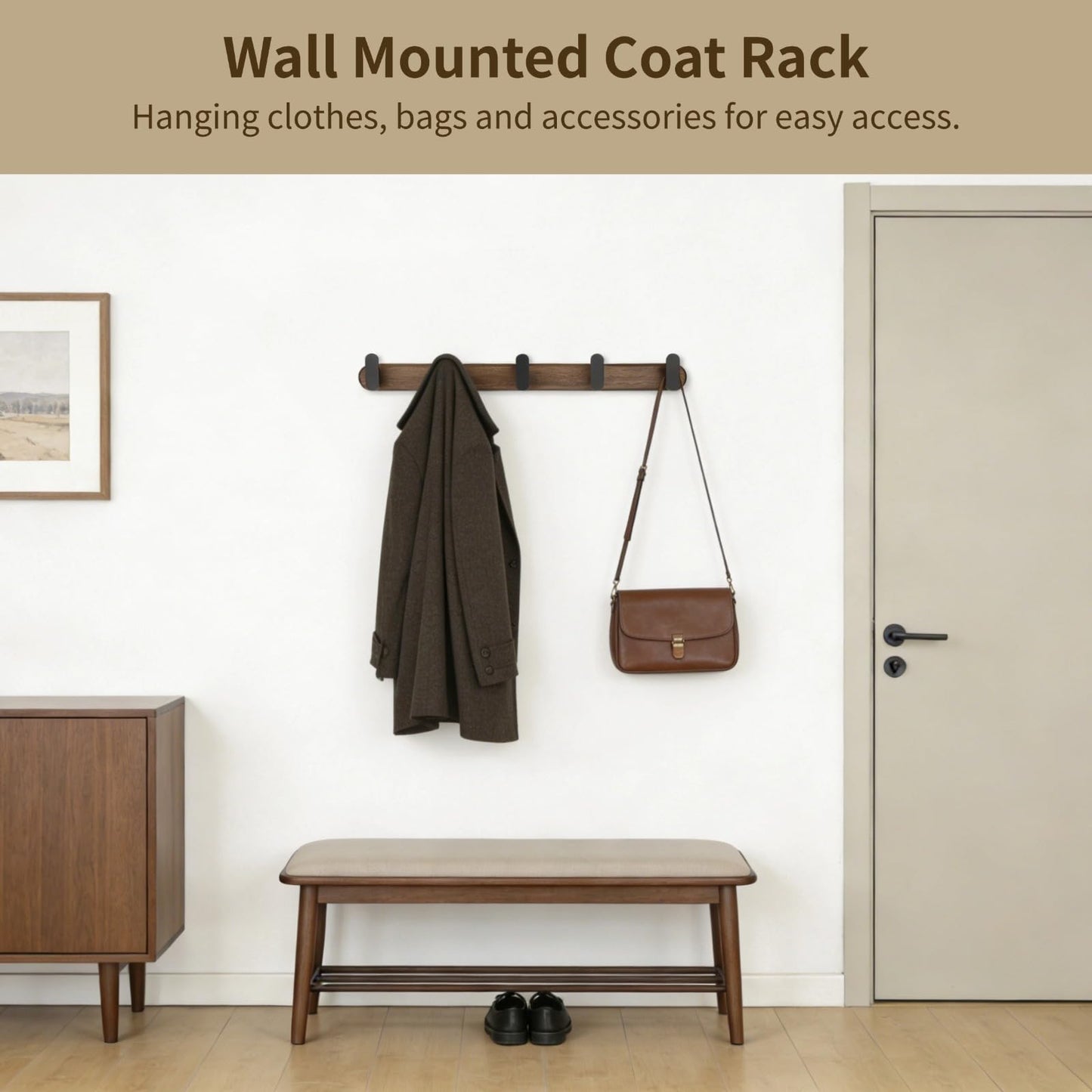 Varku Coat Hooks Wall Mounted, Walnut Wood Coat Hooks, Coat Rack Wall Mounted with 5 Hooks, No-Drill Installation