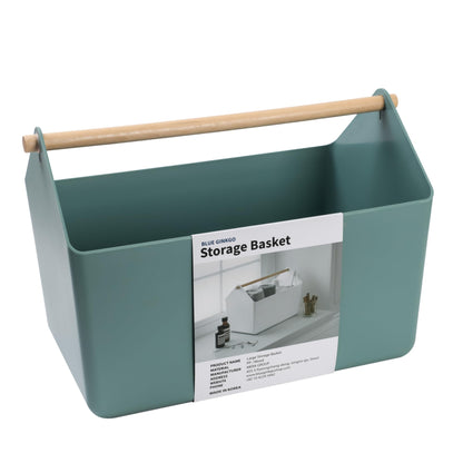 BLUE GINKGO Large Storage Basket – Plastic Caddy with Wooden Handle for Bathroom, Pantry, or Cleaning Supplies Green