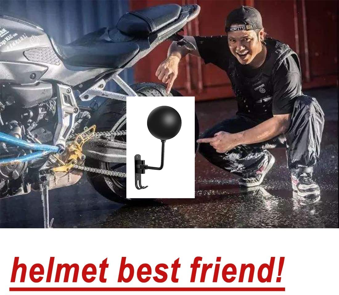 motofans Helmet Stand, Rotation Metal Helmet Holder Wall Mount, Helmet Holder Bike with 2 Hooks Helmet Hanger for Motorbike, Caps, Baseballs