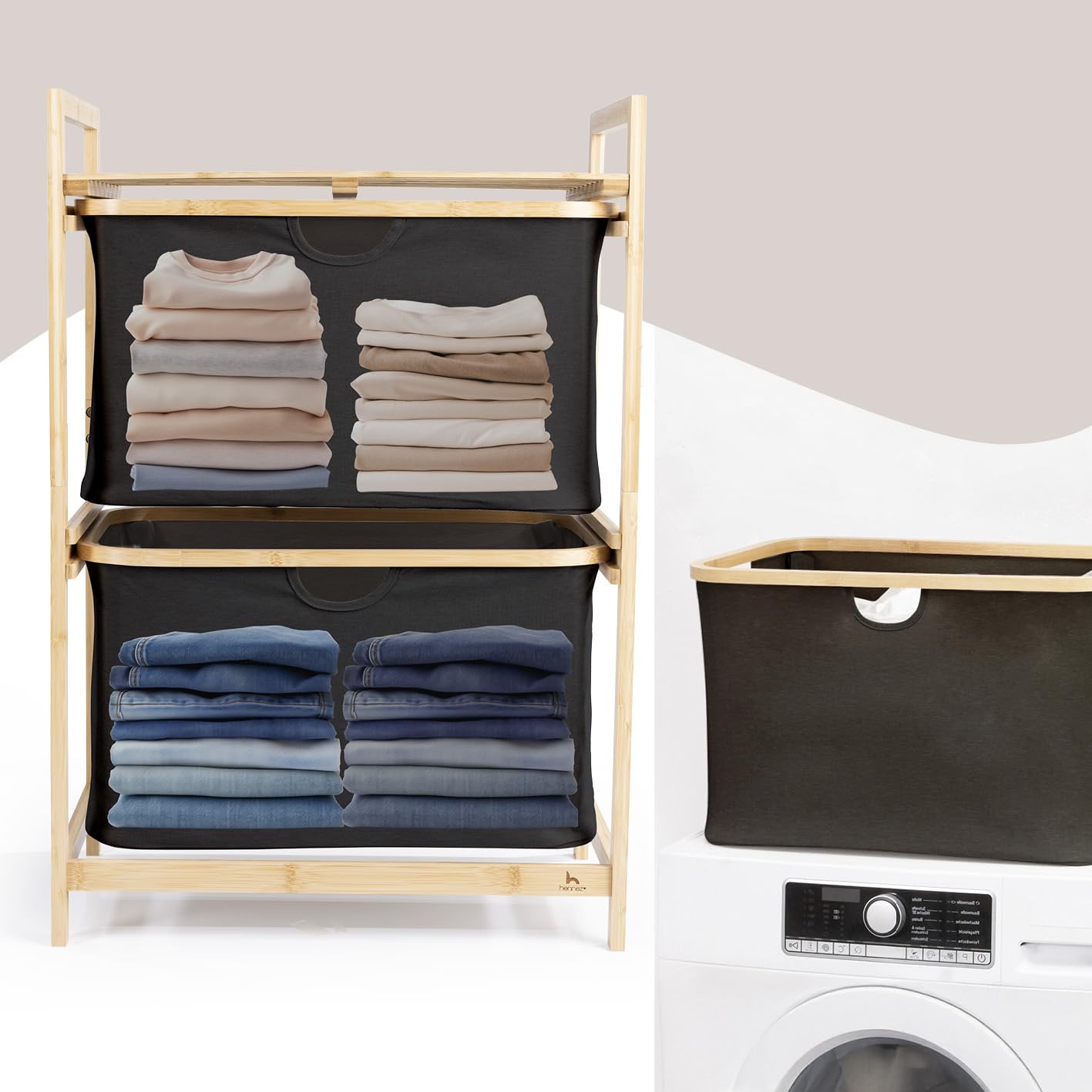 HENNEZ Bathroom Shelf, 2 Compartments, Bamboo Shelf with Shelf and 2 Baskets, Bathroom Shelf with Drawer Boxes, Standing Shelf