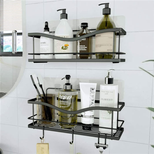 KINCMAX Shower Shelves 2-Pack - Self Adhesive Caddy with 4 Hooks - No Drill Large Capacity Stainless Steel Wall Shelf - Aesthetic Organiser for Inside