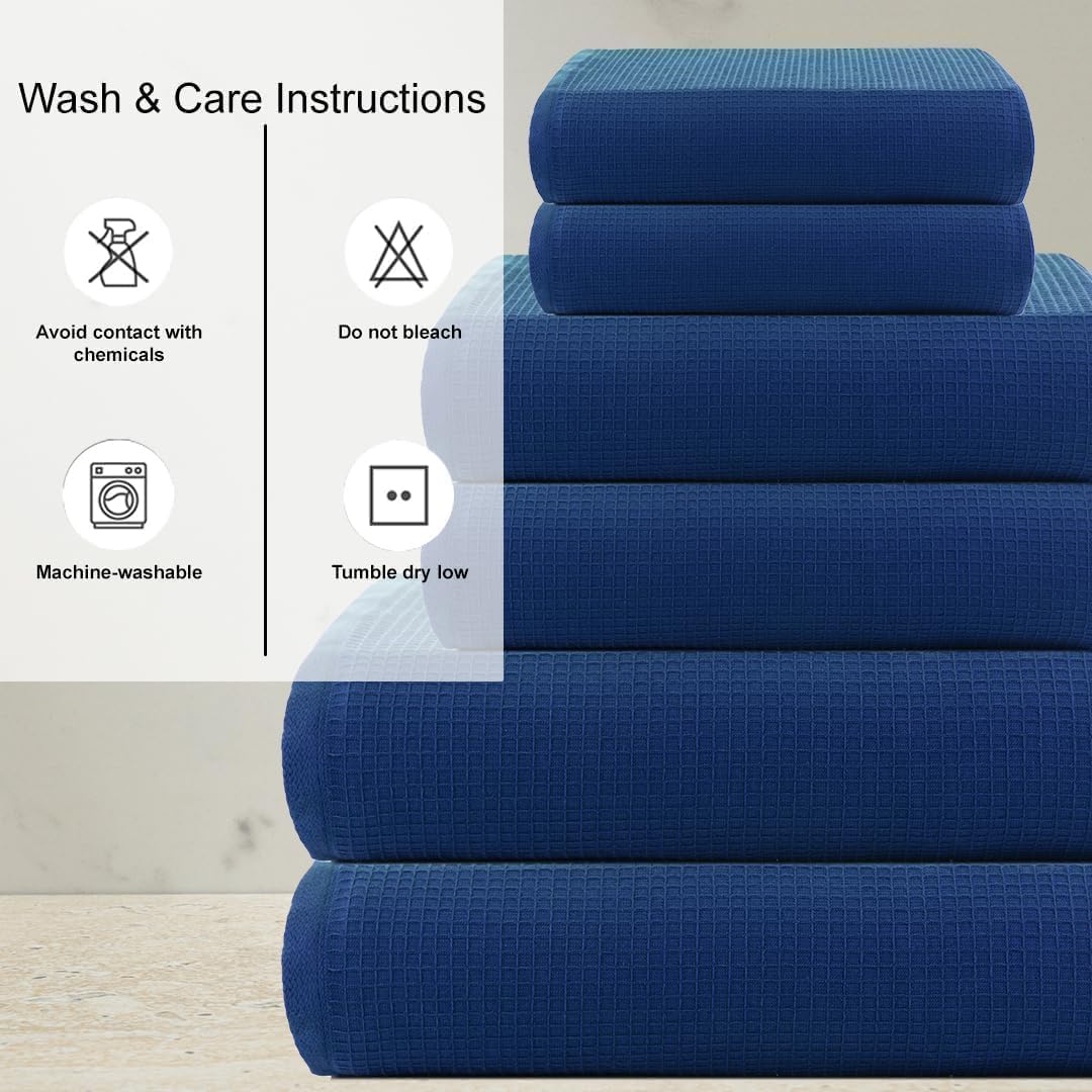 CASA COPENHAGEN Waffle Terry 6-piece Set, Cotton, Extra Large, Luxurious, Navy Blue, 2 Bath Towels XL, 70x140 cm, 2 Large Hand Towels, 50x80 cm
